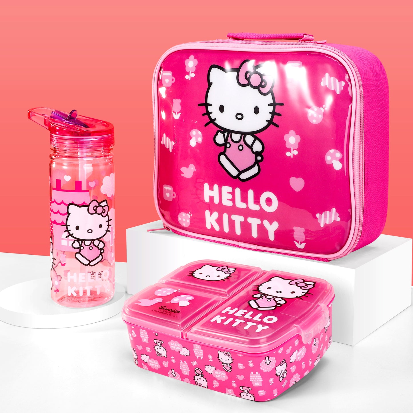 Hello Kitty Pink Kids Lunch Box Set – Insulated Lunch Bag, Multicompartment Lunch Box & 580ml Water Bottle, BPA Free
