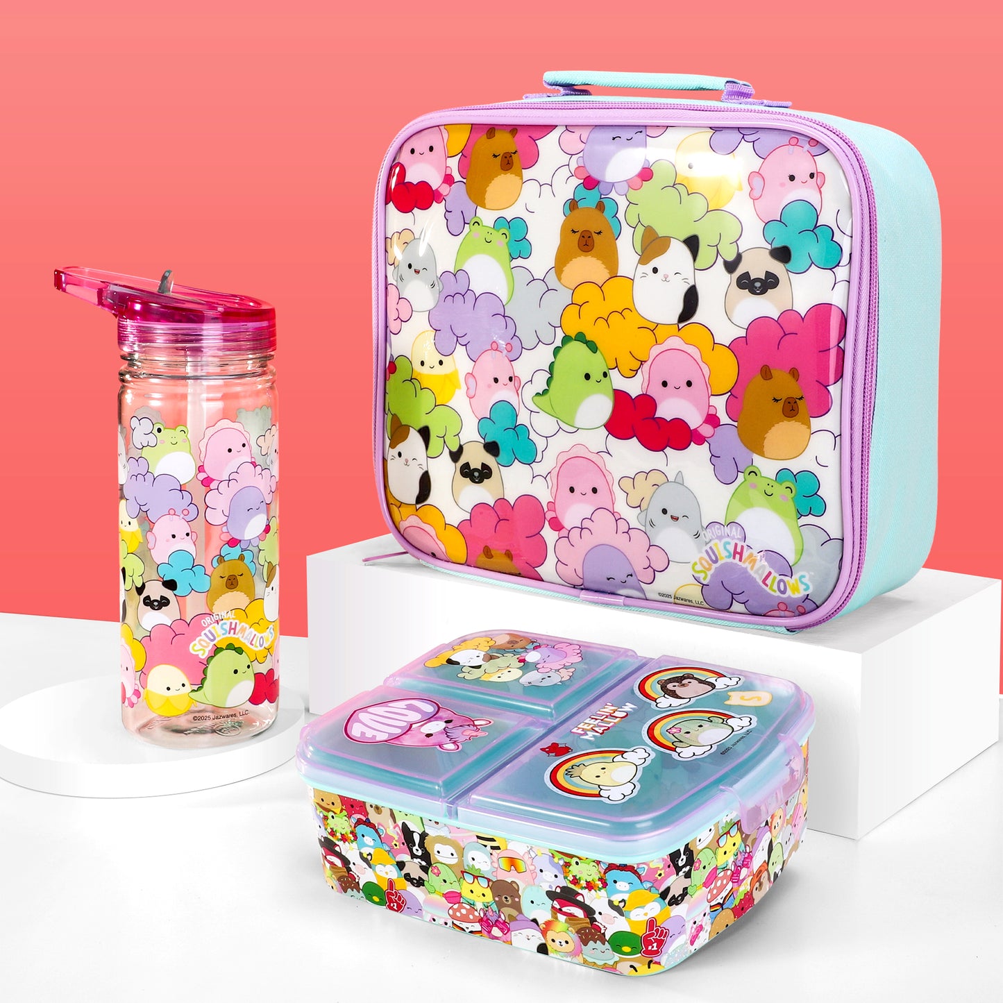 Squishmallows Kids Lunch Box Set – Insulated Lunch Bag, Multicompartment Lunch Box & 580ml Water Bottle, BPA Free