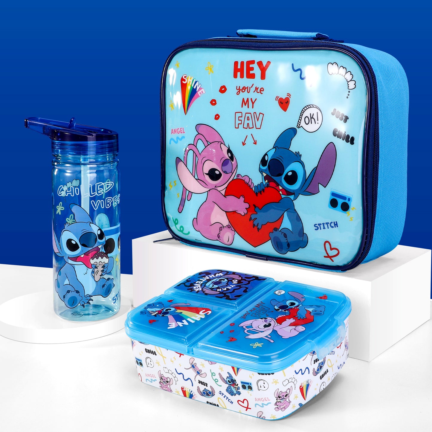 Stitch Island Kids Lunch Box Set – Insulated Lunch Bag, Multicompartment Lunch Box & 580ml Water Bottle, BPA Free