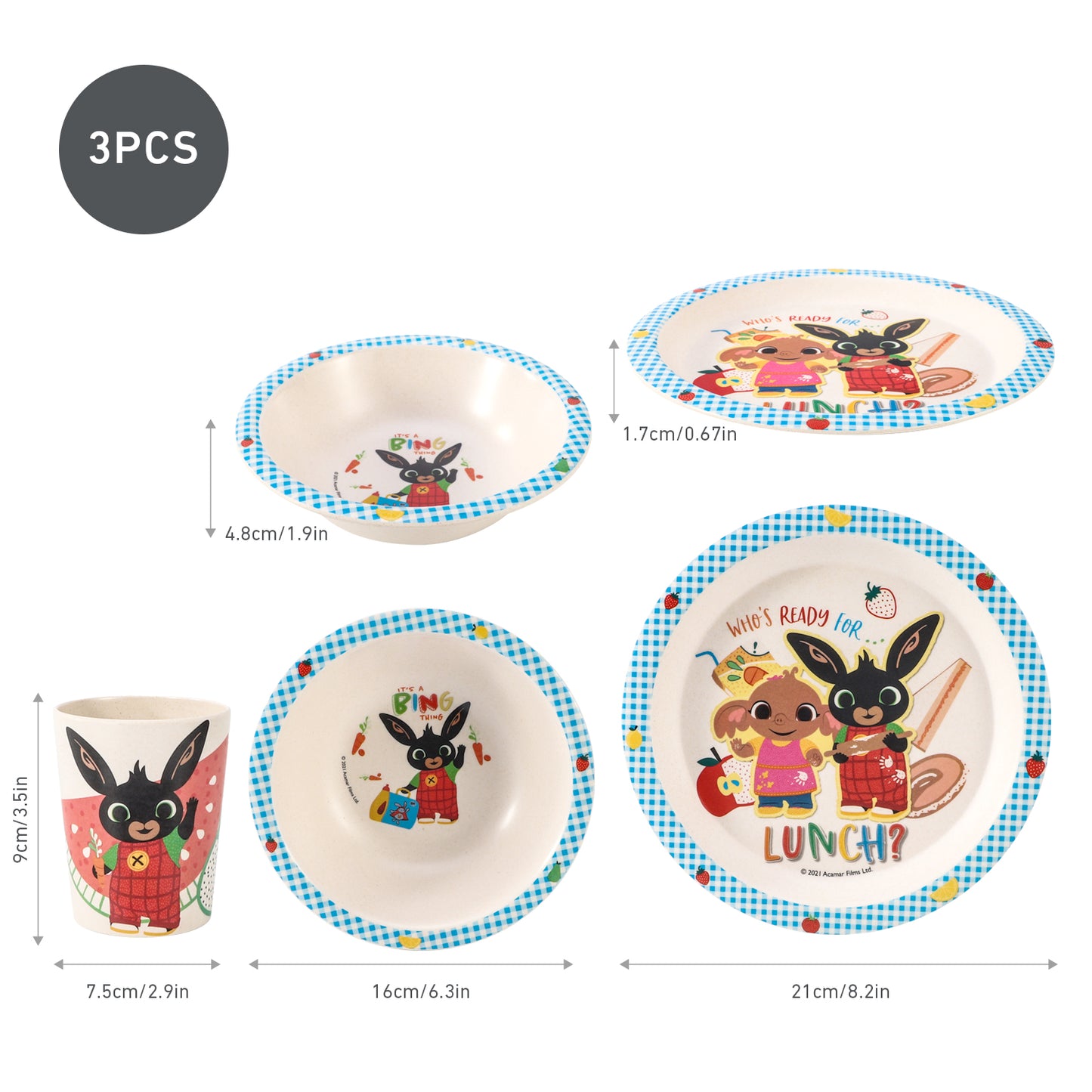 Bing 3Pcs Wooden Kids - Plate, Bowl and Tumbler Lunch Dinner Set
