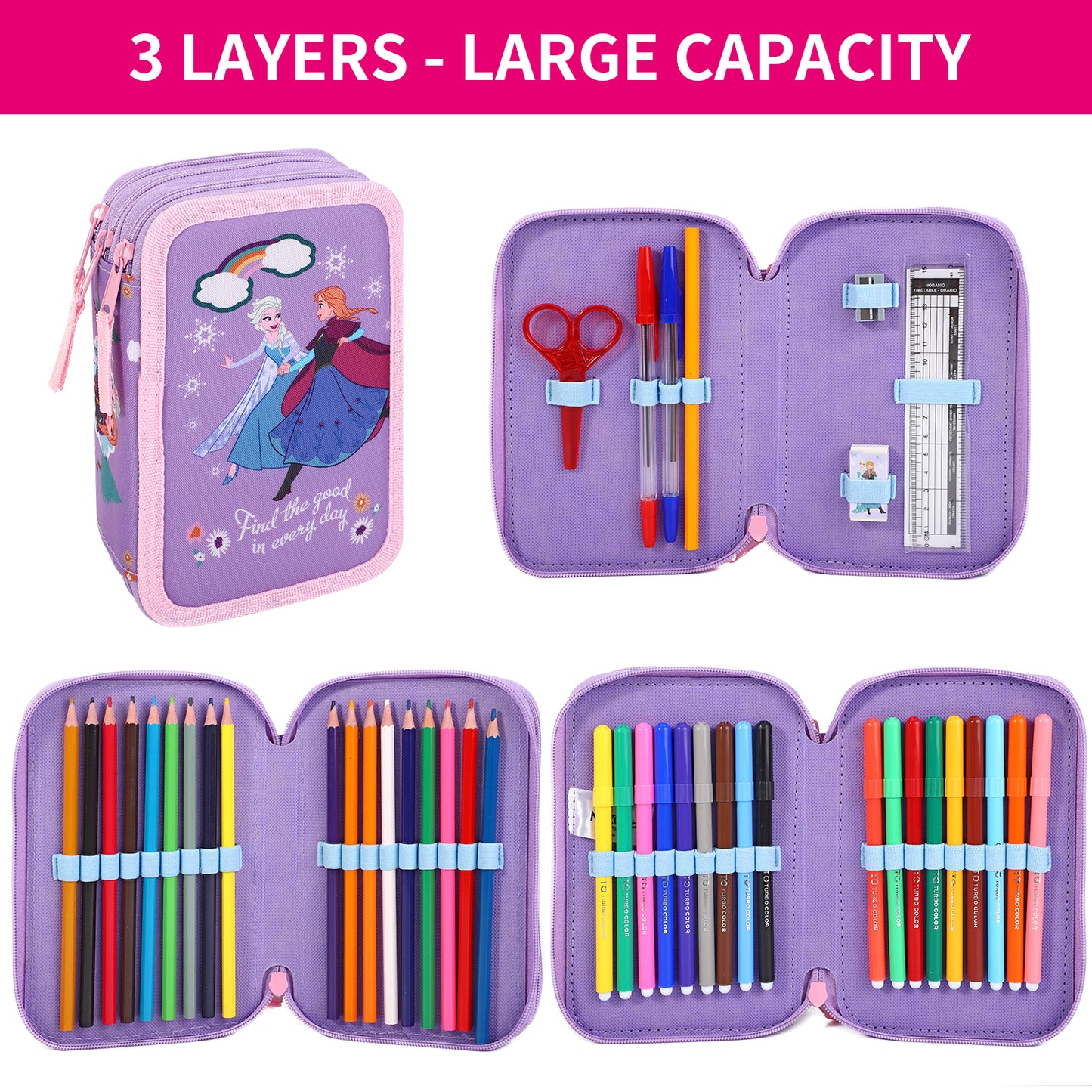 Disney Frozen 3 Tier Large Pencil Case School Supplies Pens Pencils Sets