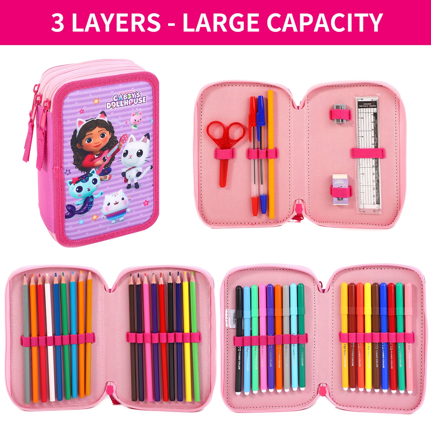 Gabby's Dollhouse 3 Tier Large Pencil Case School Supplies Pens Pencils Sets