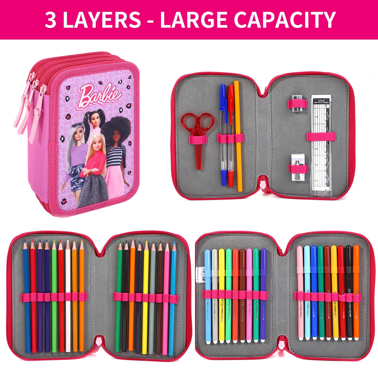 Barbie 3 Tier Large Pencil Case School Supplies Pens Pencils Sets