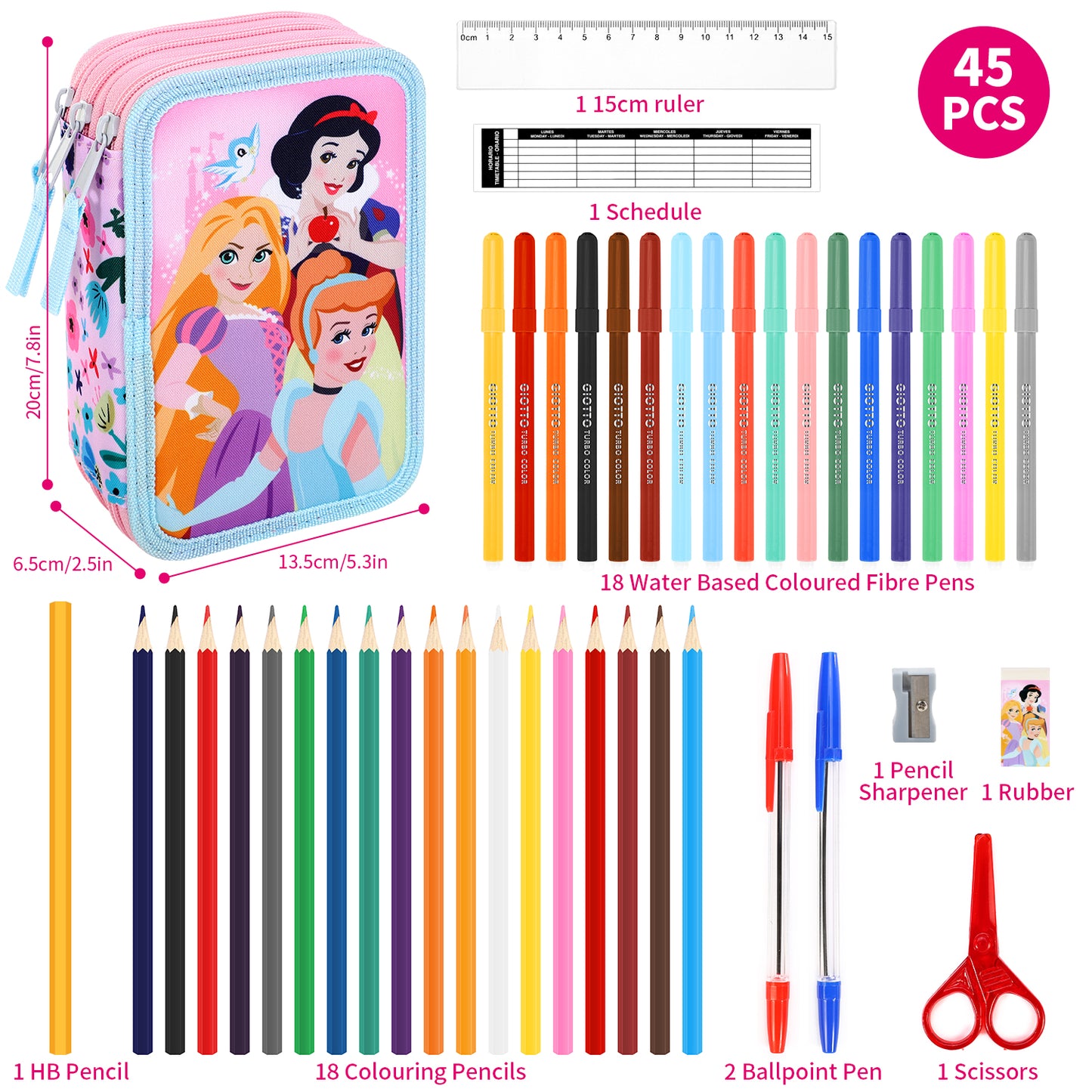 Disney Princess 3 Tier Large Pencil Case School Supplies Pens Pencils Sets