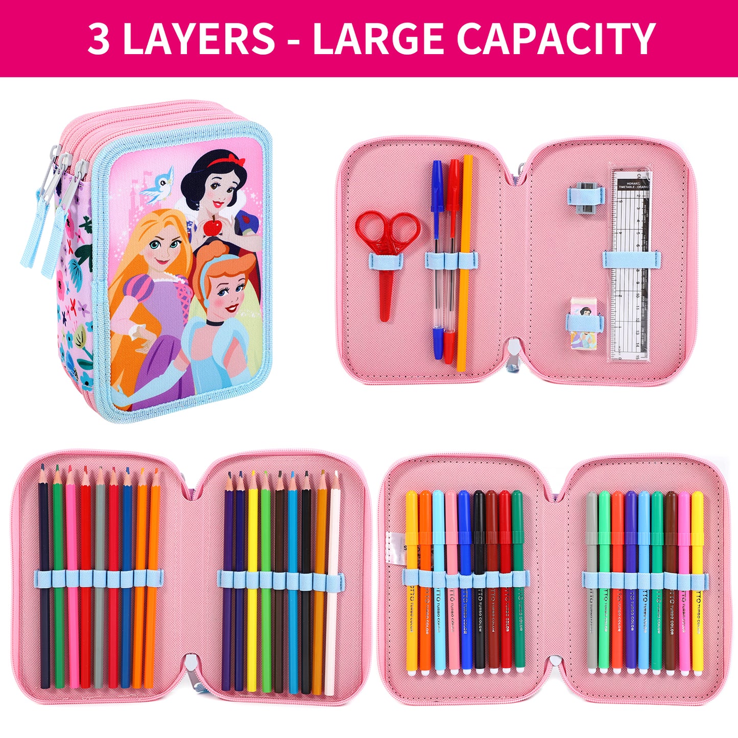 Disney Princess 3 Tier Large Pencil Case School Supplies Pens Pencils Sets