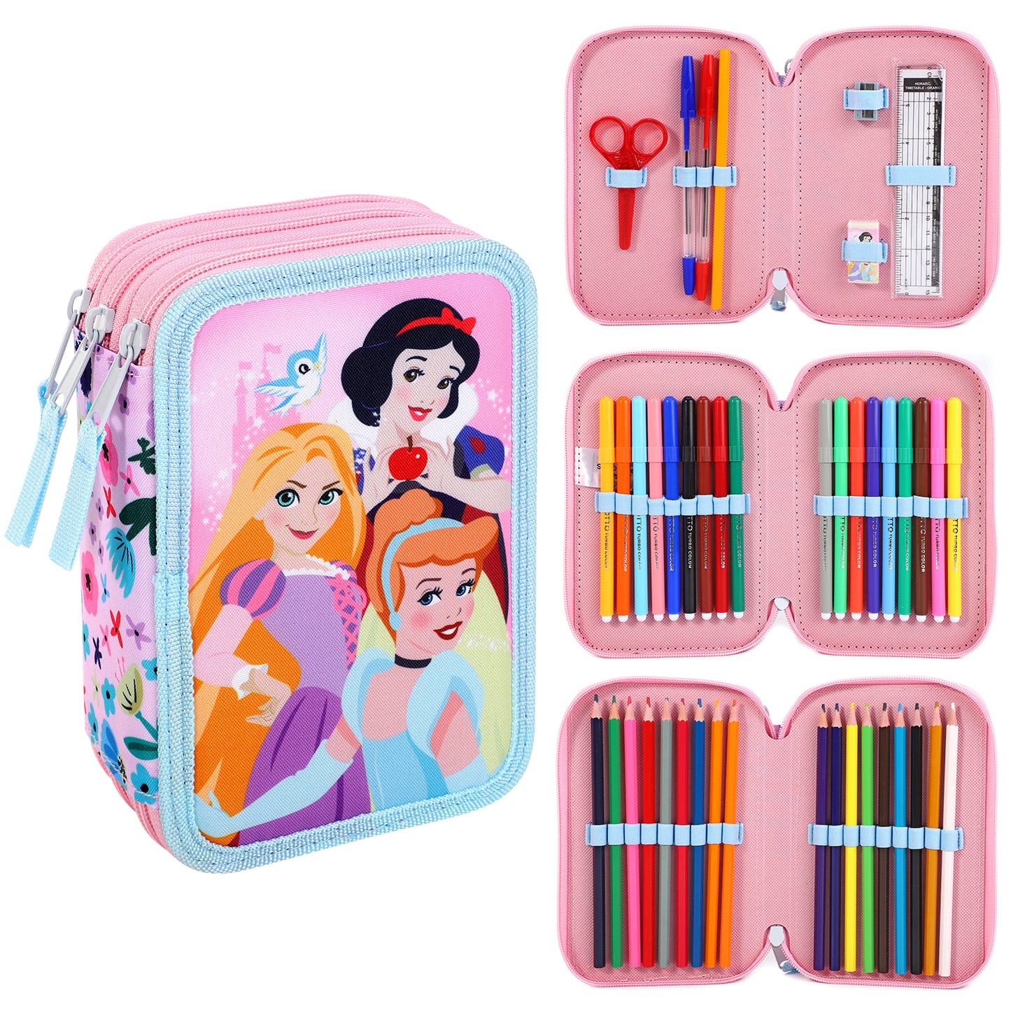 Disney Princess 3 Tier Large Pencil Case School Supplies Pens Pencils Sets