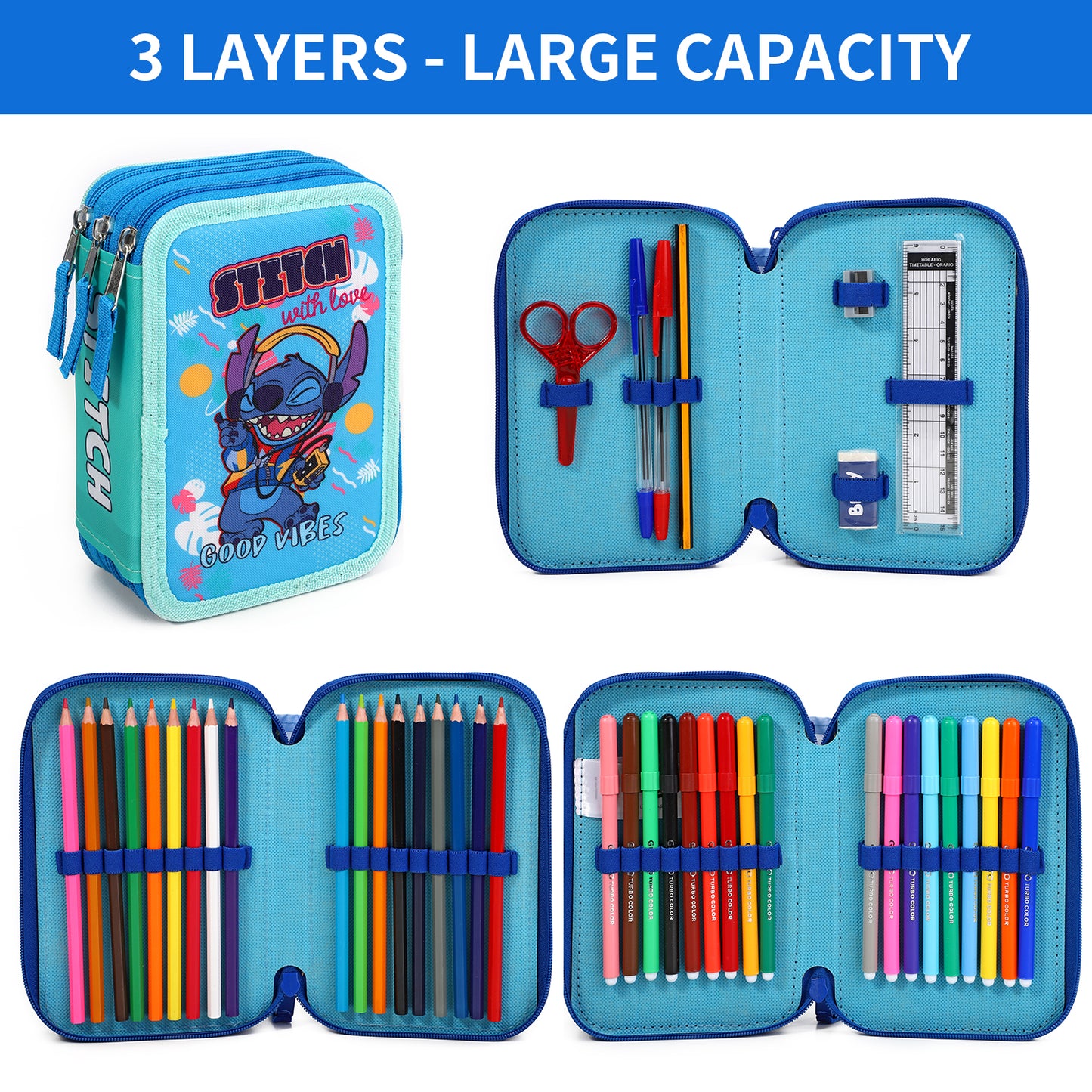 Disney Stitch 3 Tier Large Pencil Case School Supplies Pens Pencils Sets