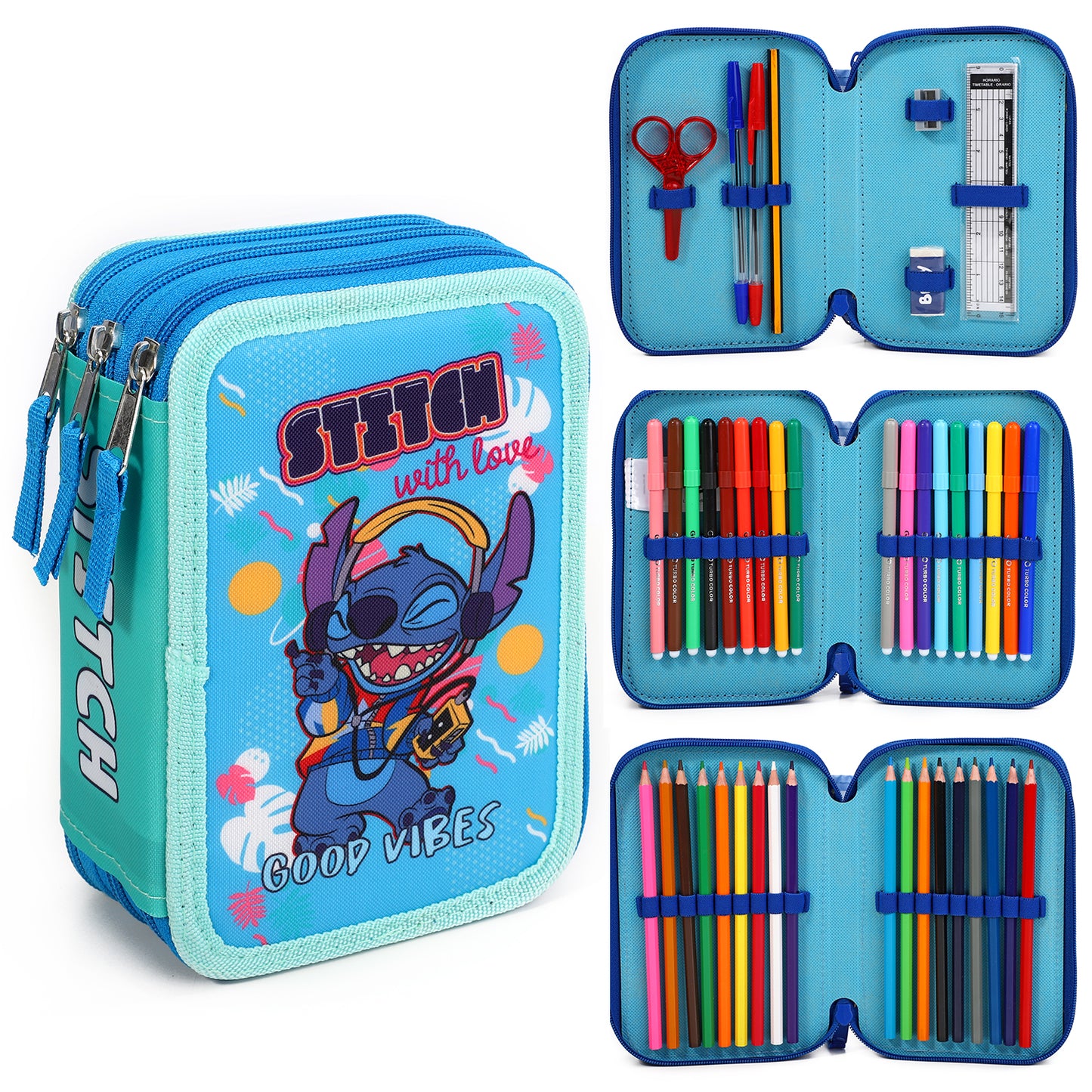 Disney Stitch 3 Tier Large Pencil Case School Supplies Pens Pencils Sets
