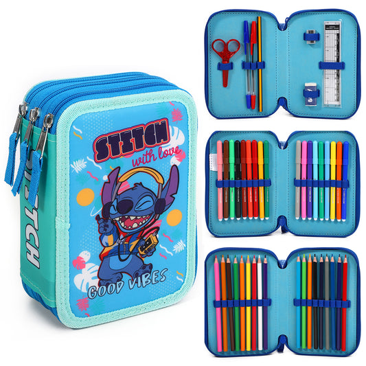 Disney Stitch 3 Tier Large Pencil Case School Supplies Pens Pencils Sets