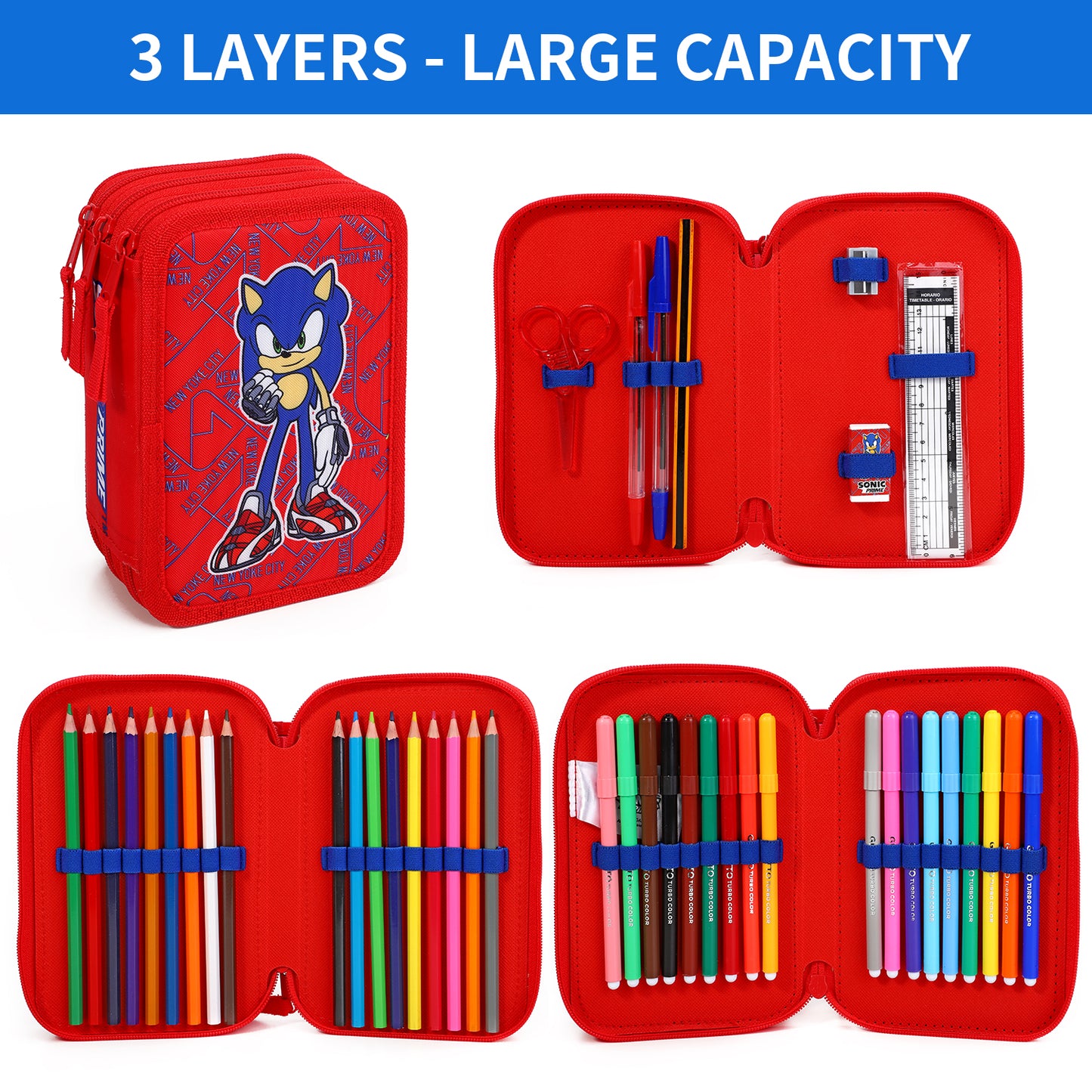 Sonic The Hedgehog 3 Tier Large Pencil Case School Supplies Pens Pencils Sets