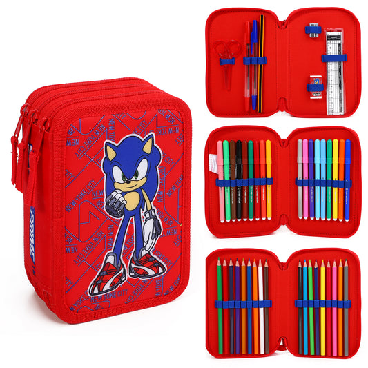 Sonic The Hedgehog 3 Tier Large Pencil Case School Supplies Pens Pencils Sets