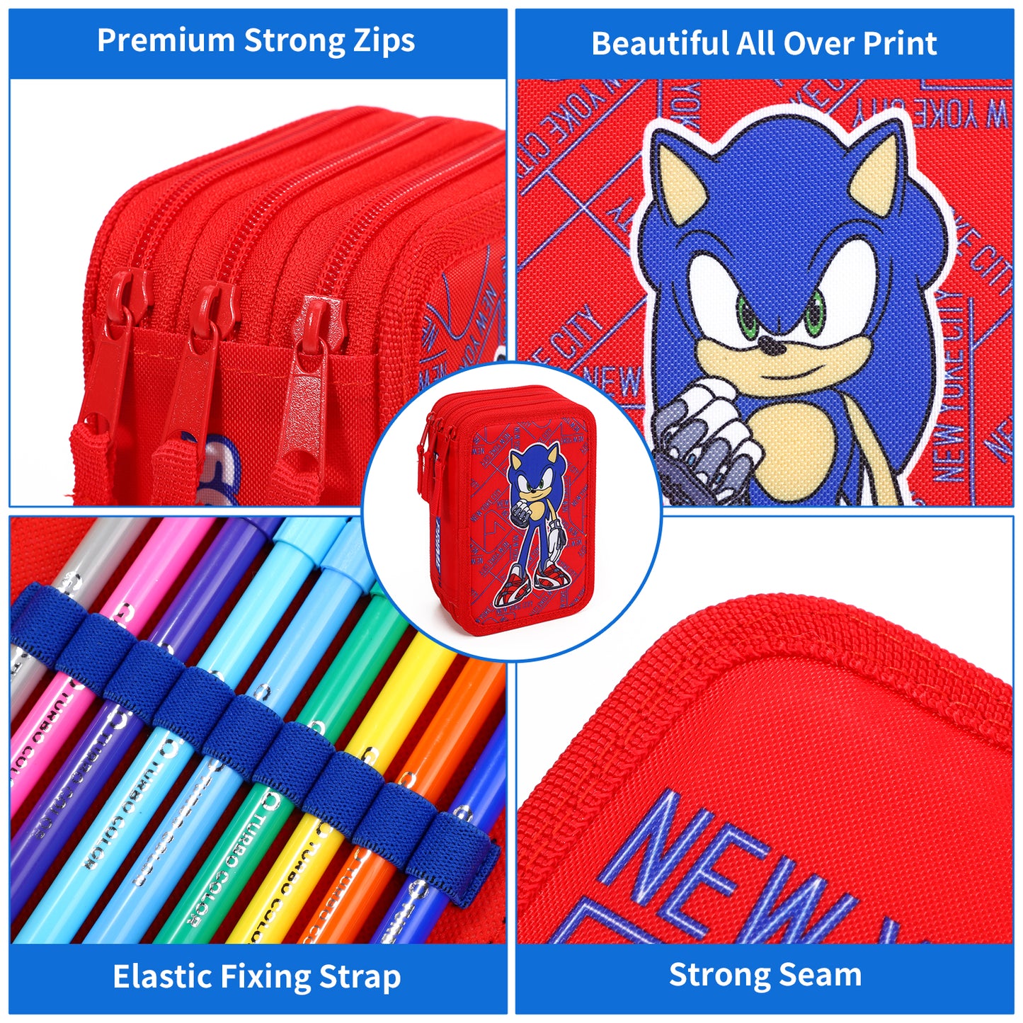Sonic The Hedgehog 3 Tier Large Pencil Case School Supplies Pens Pencils Sets