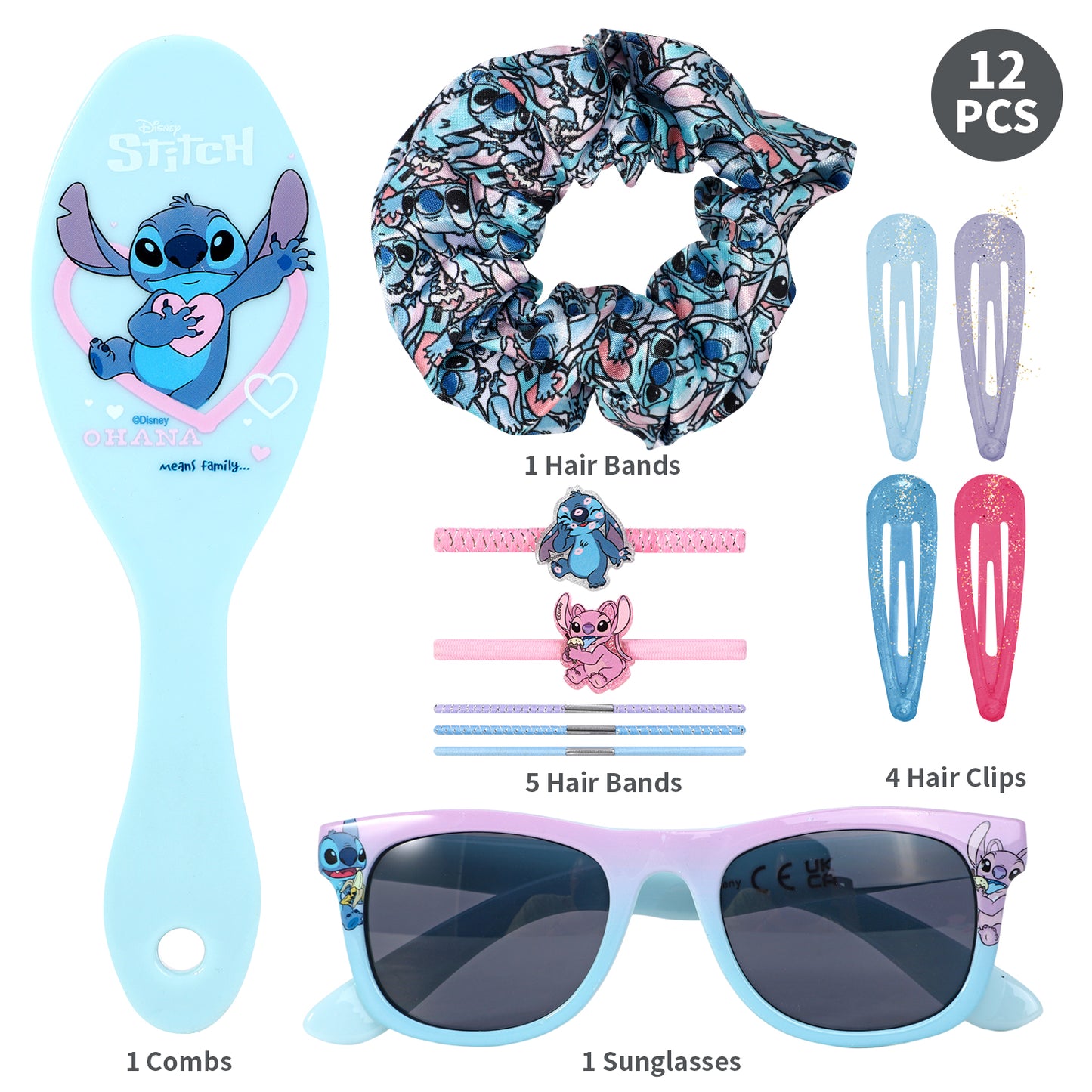 Disney Stitch 12pc Girls Kids Sunglasses Hair Accessories Beauty Set with Carry Case