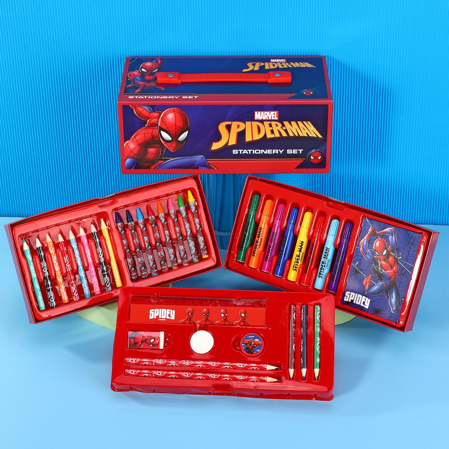 Spiderman 34pc Kids Colouring Art Stationery Set with Watercolour Felt Tip Pens Crayons and Pencils Travel Set for Children