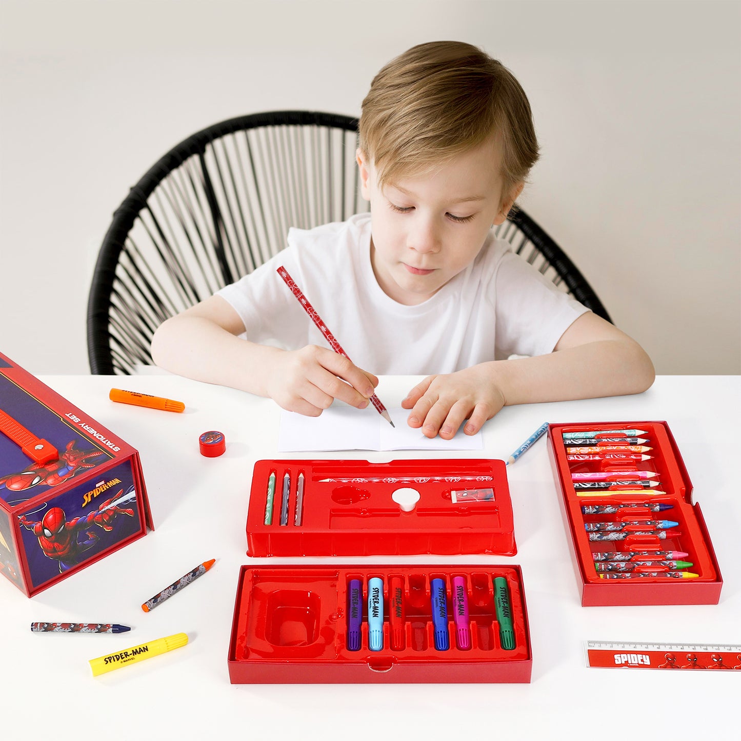 Spiderman 34pc Kids Colouring Art Stationery Set with Watercolour Felt Tip Pens Crayons and Pencils Travel Set for Children
