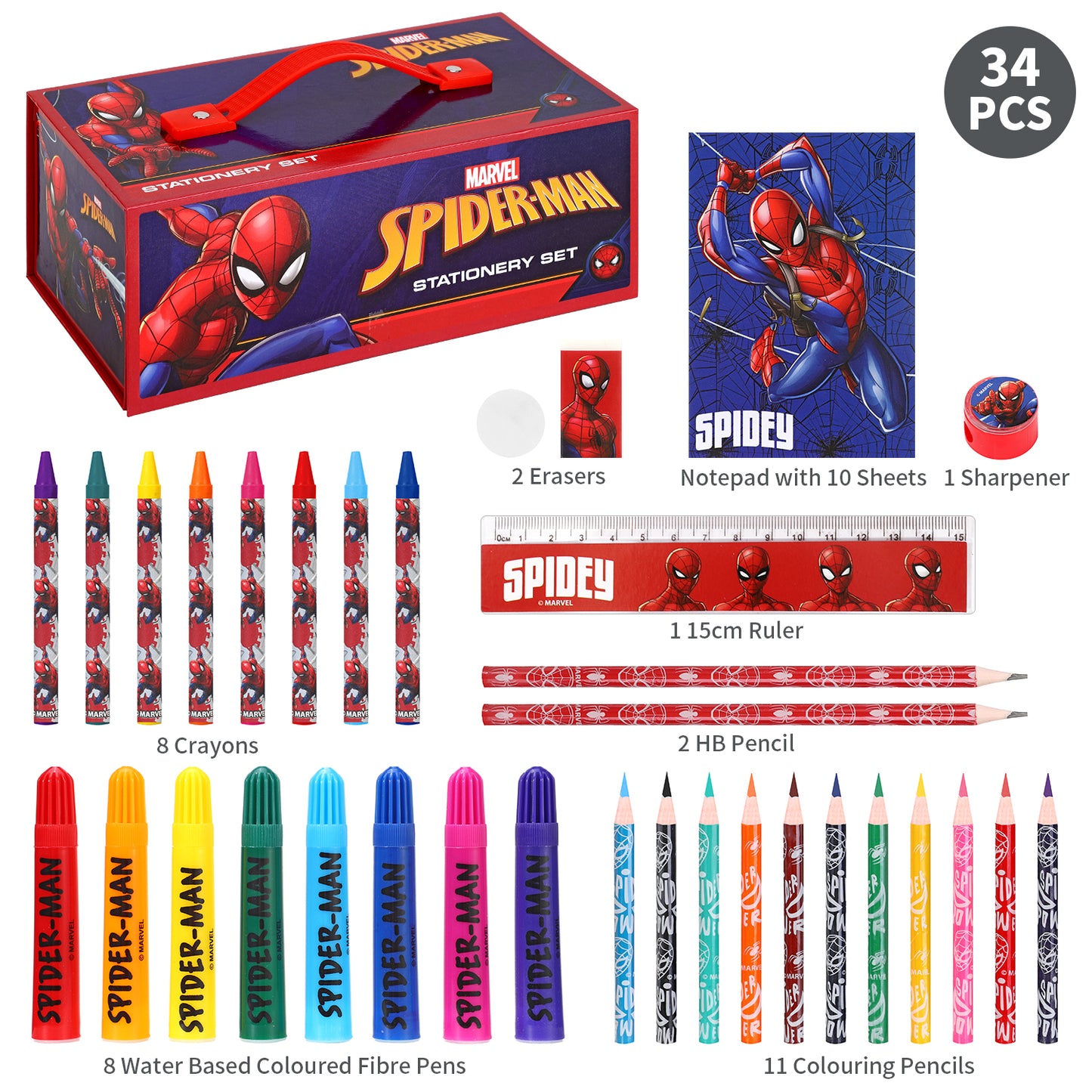 Spiderman 34pc Kids Colouring Art Stationery Set with Watercolour Felt Tip Pens Crayons and Pencils Travel Set for Children