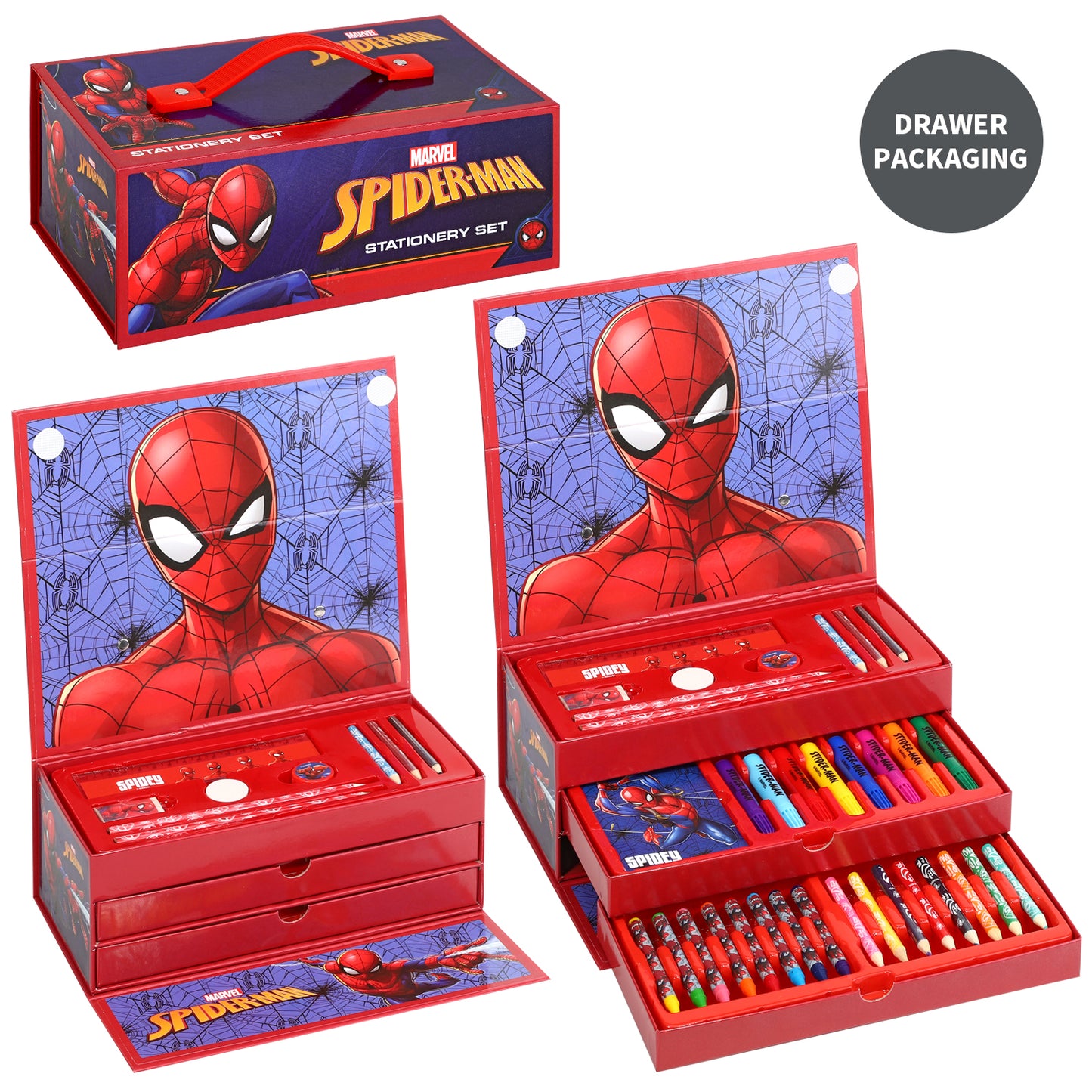 Spiderman 34pc Kids Colouring Art Stationery Set with Watercolour Felt Tip Pens Crayons and Pencils Travel Set for Children