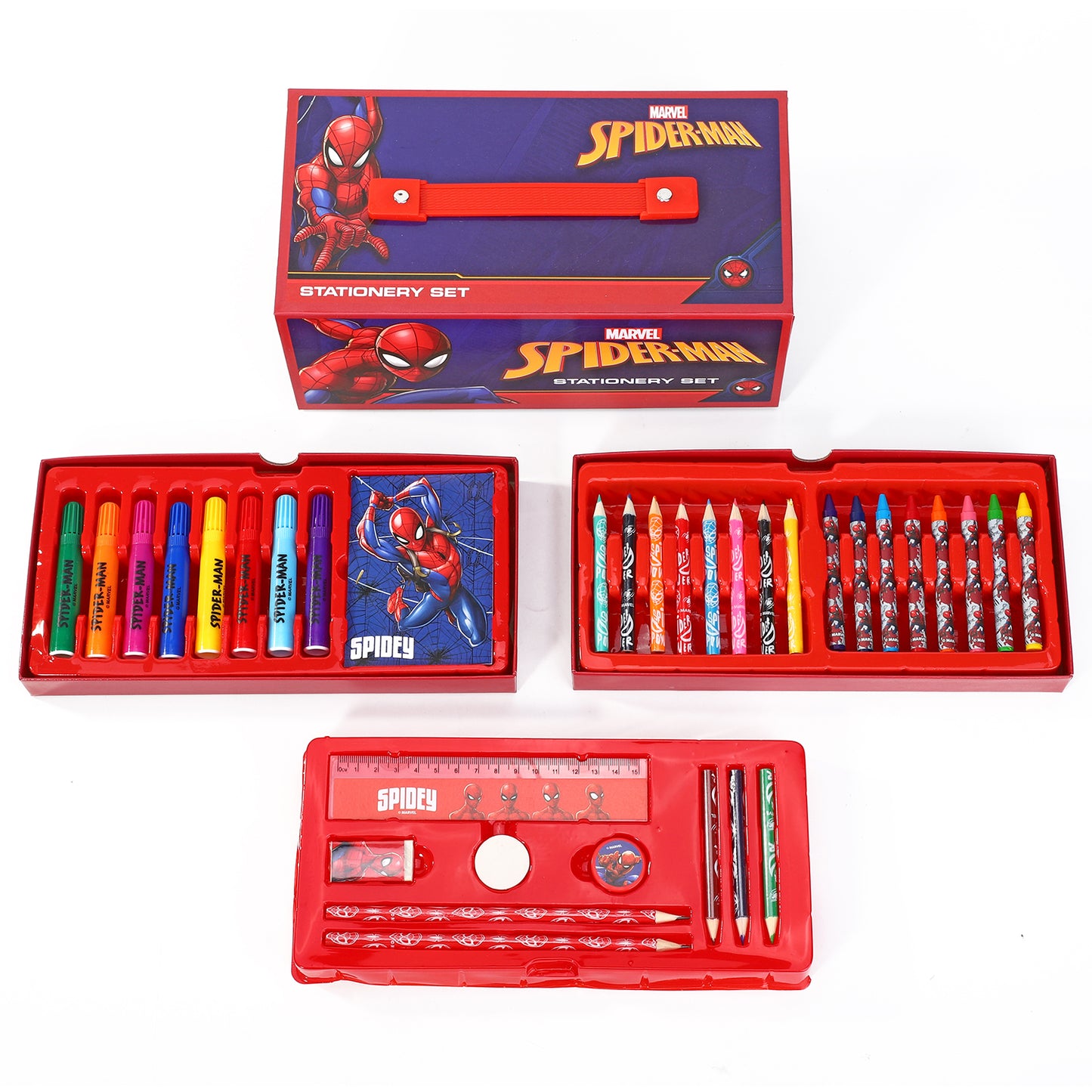 Spiderman 34pc Kids Colouring Art Stationery Set with Watercolour Felt Tip Pens Crayons and Pencils Travel Set for Children