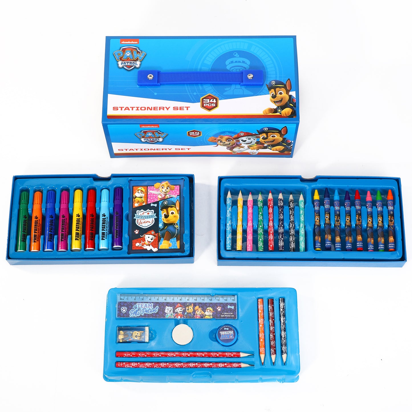 Paw Patrol 34pc Kids Colouring Art Stationery Set with Watercolour Felt Tip Pens Crayons and Pencils Travel Set for Children