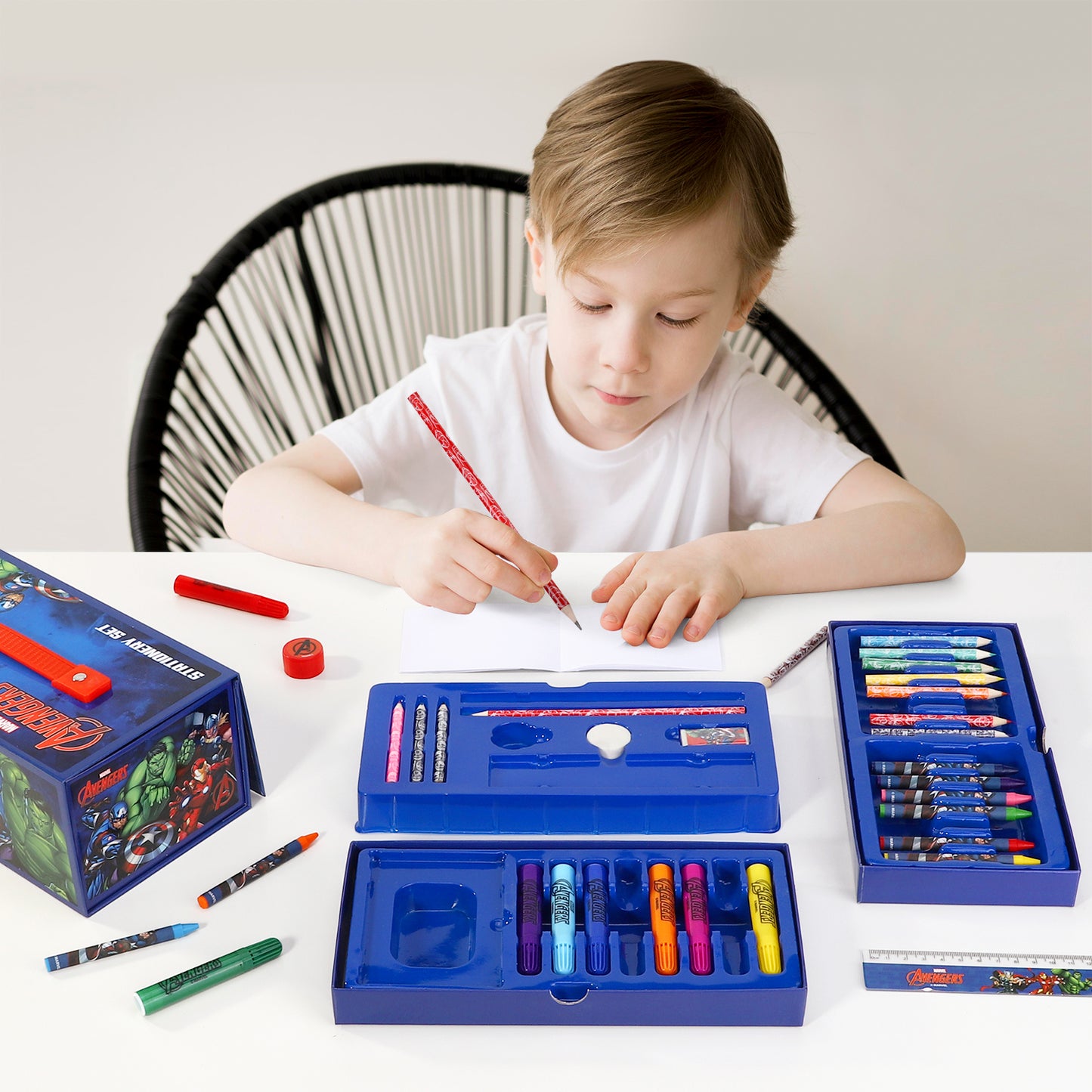 Avengers 34pc Kids Colouring Art Stationery Set with Watercolour Felt Tip Pens Crayons and Pencils Travel Set for Children