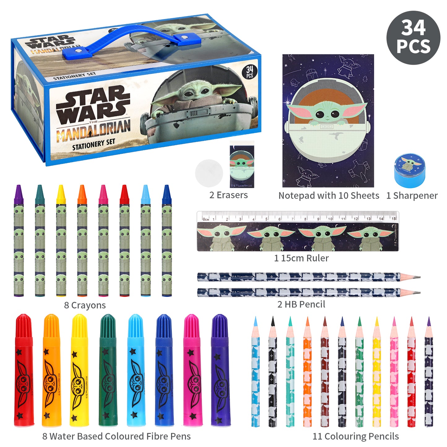 Star Wars The Mandalorian 34pc Kids Colouring Art Stationery Set with Watercolour Felt Tip Pens Crayons and Pencils Travel Set for Children