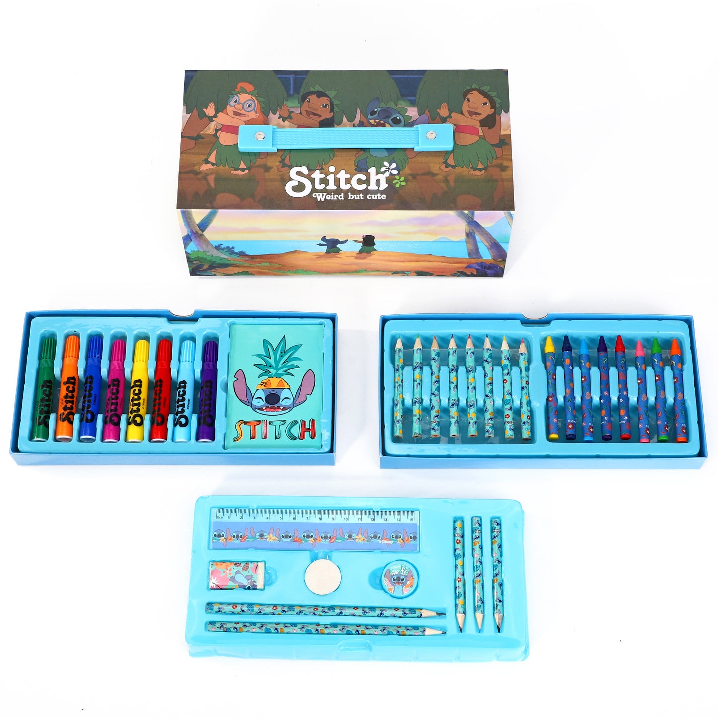 Disney Stitch 34pc Kids Colouring Art Stationery Set with Watercolour Felt Tip Pens Crayons and Pencils Travel Set for Children