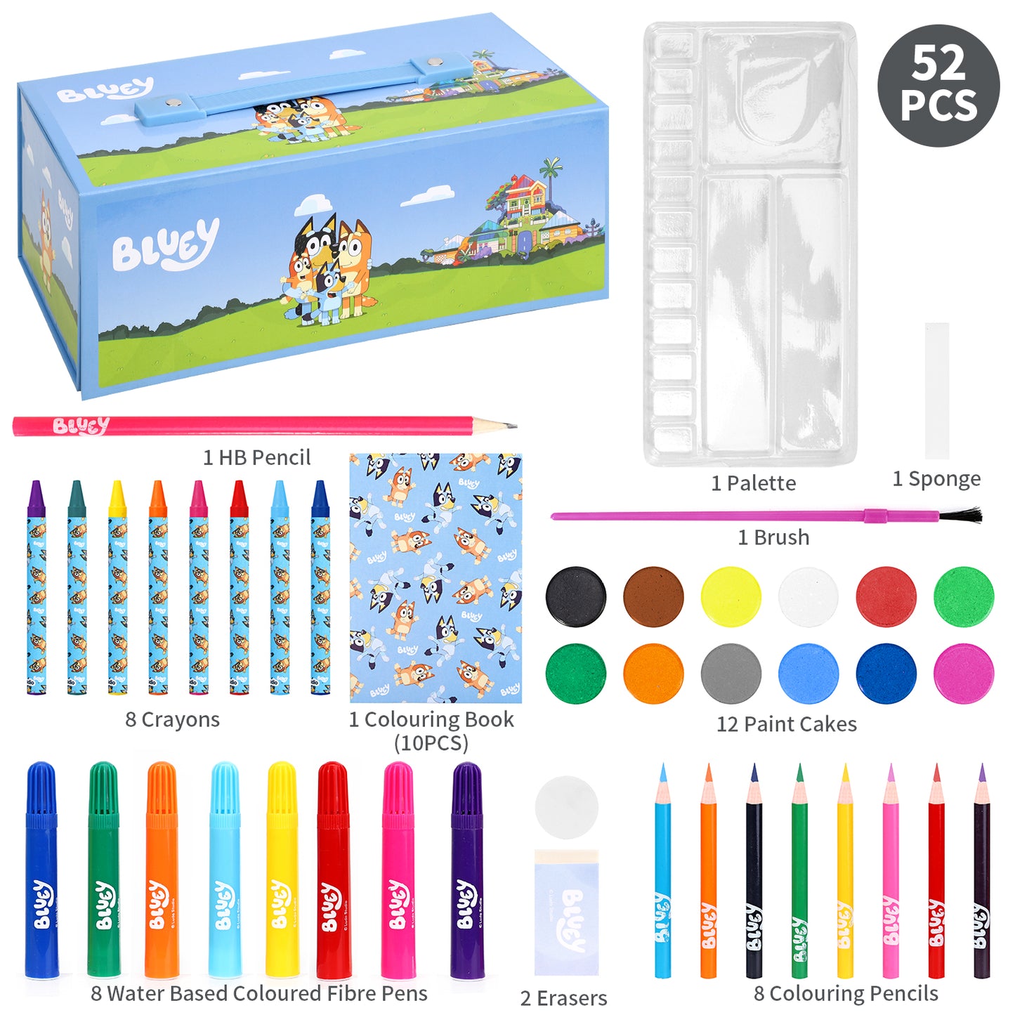 Bluey 52pc Kids Colouring Sets with Watercolour Felt Tip Pens Crayons and Pencils Travel Set for Children