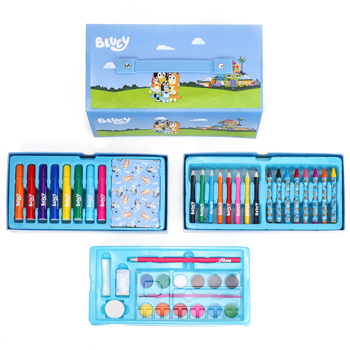Bluey 52pc Kids Colouring Sets with Watercolour Felt Tip Pens Crayons and Pencils Travel Set for Children