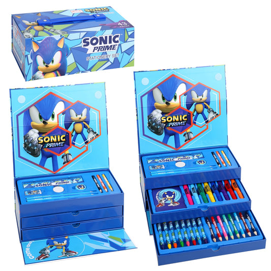 Sonic The Hedgehog 43pc Kids Colouring Art Stationery Set with Watercolour Felt Tip Pens Crayons and Pencils Travel Set for Children
