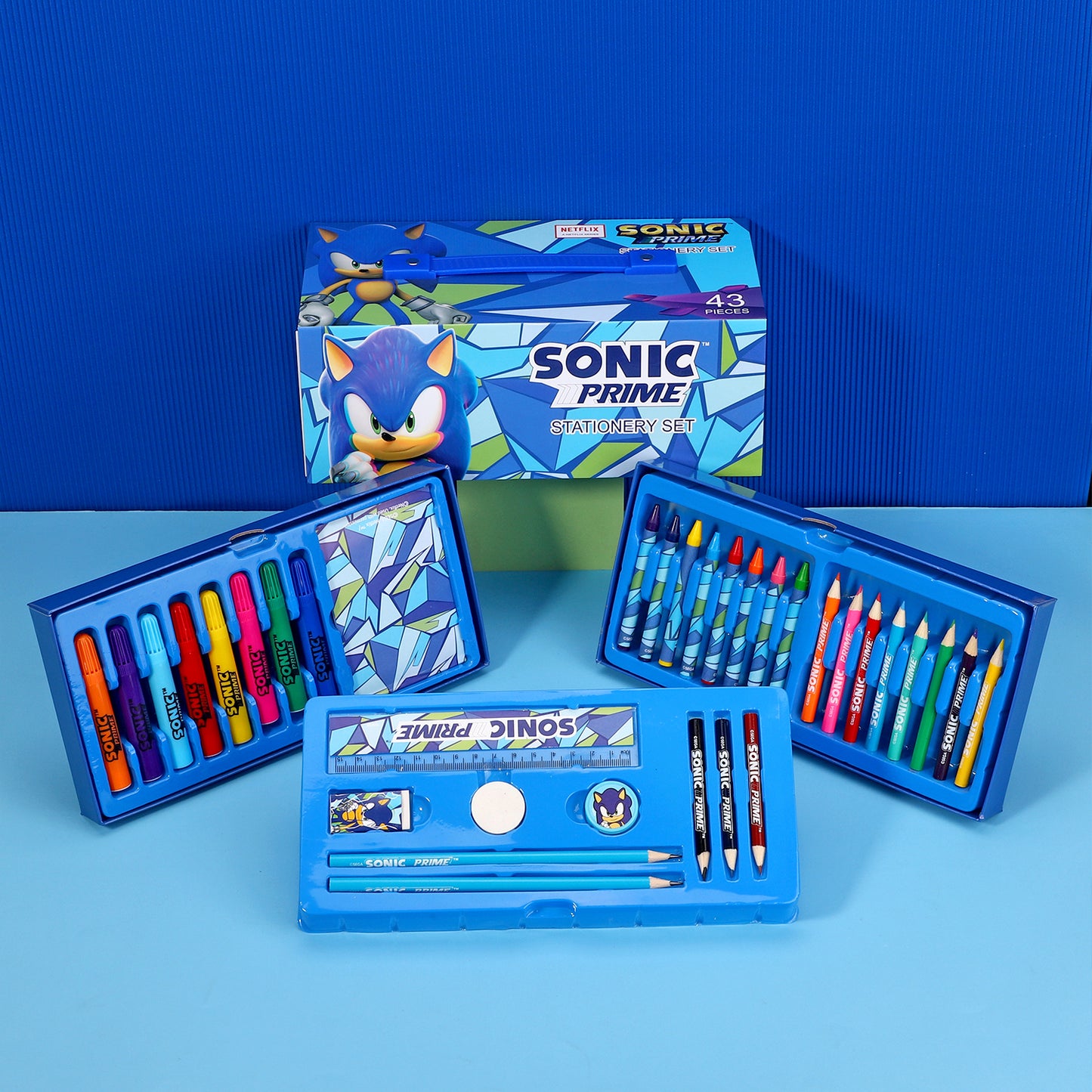 Sonic The Hedgehog 43pc Kids Colouring Art Stationery Set with Watercolour Felt Tip Pens Crayons and Pencils Travel Set for Children