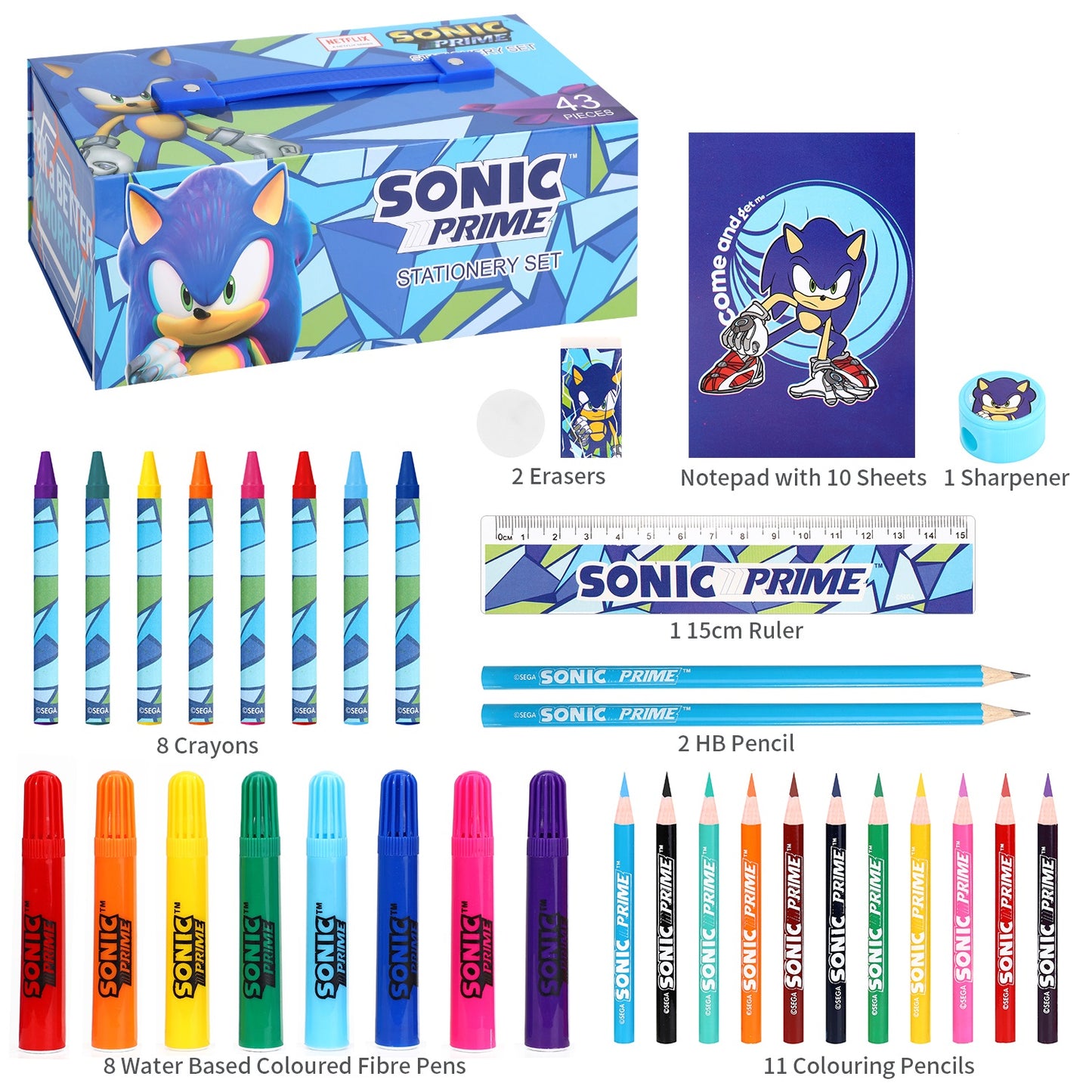 Sonic The Hedgehog 43pc Kids Colouring Art Stationery Set with Watercolour Felt Tip Pens Crayons and Pencils Travel Set for Children