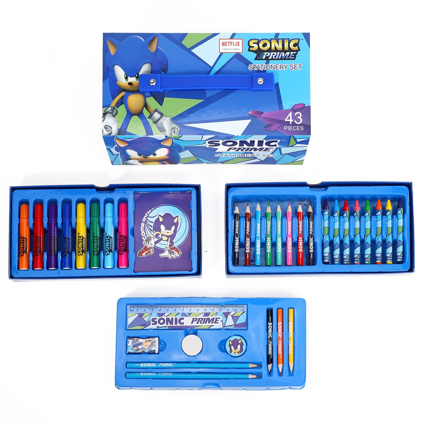 Sonic The Hedgehog 43pc Kids Colouring Art Stationery Set with Watercolour Felt Tip Pens Crayons and Pencils Travel Set for Children