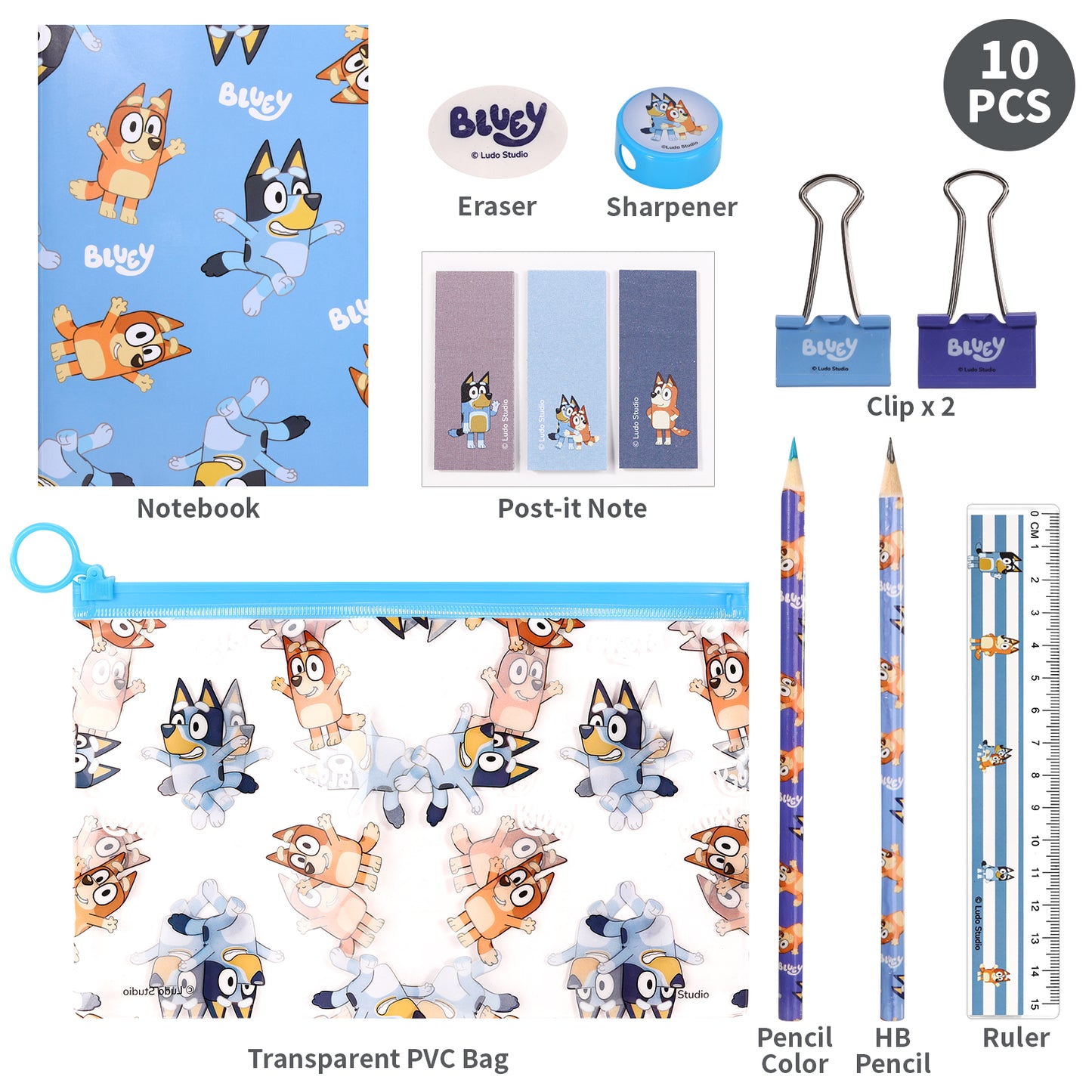 Bluey 9pcs Transparent Filled Pencil Case Stationery Set Waterproof Boys Girls Kids Children School Travel Exam