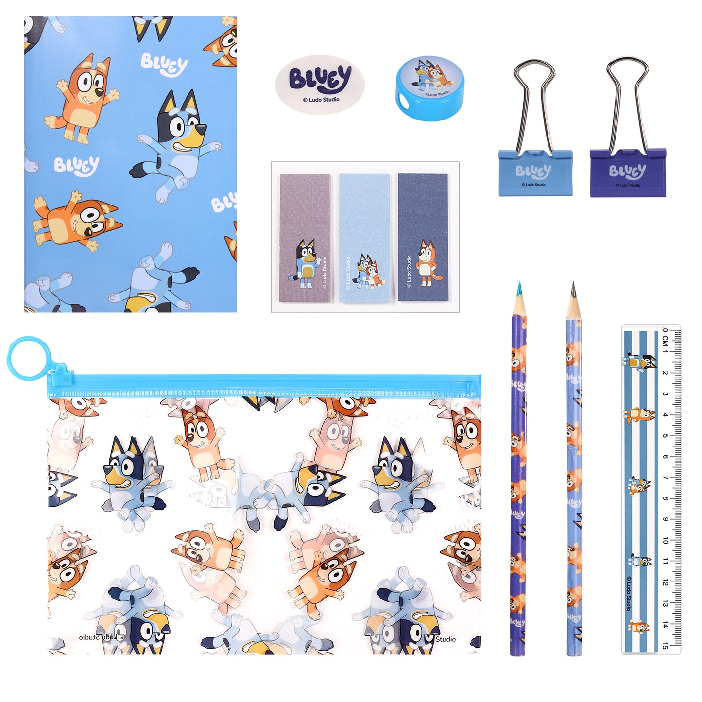 Bluey 9pcs Transparent Filled Pencil Case Stationery Set Waterproof Boys Girls Kids Children School Travel Exam