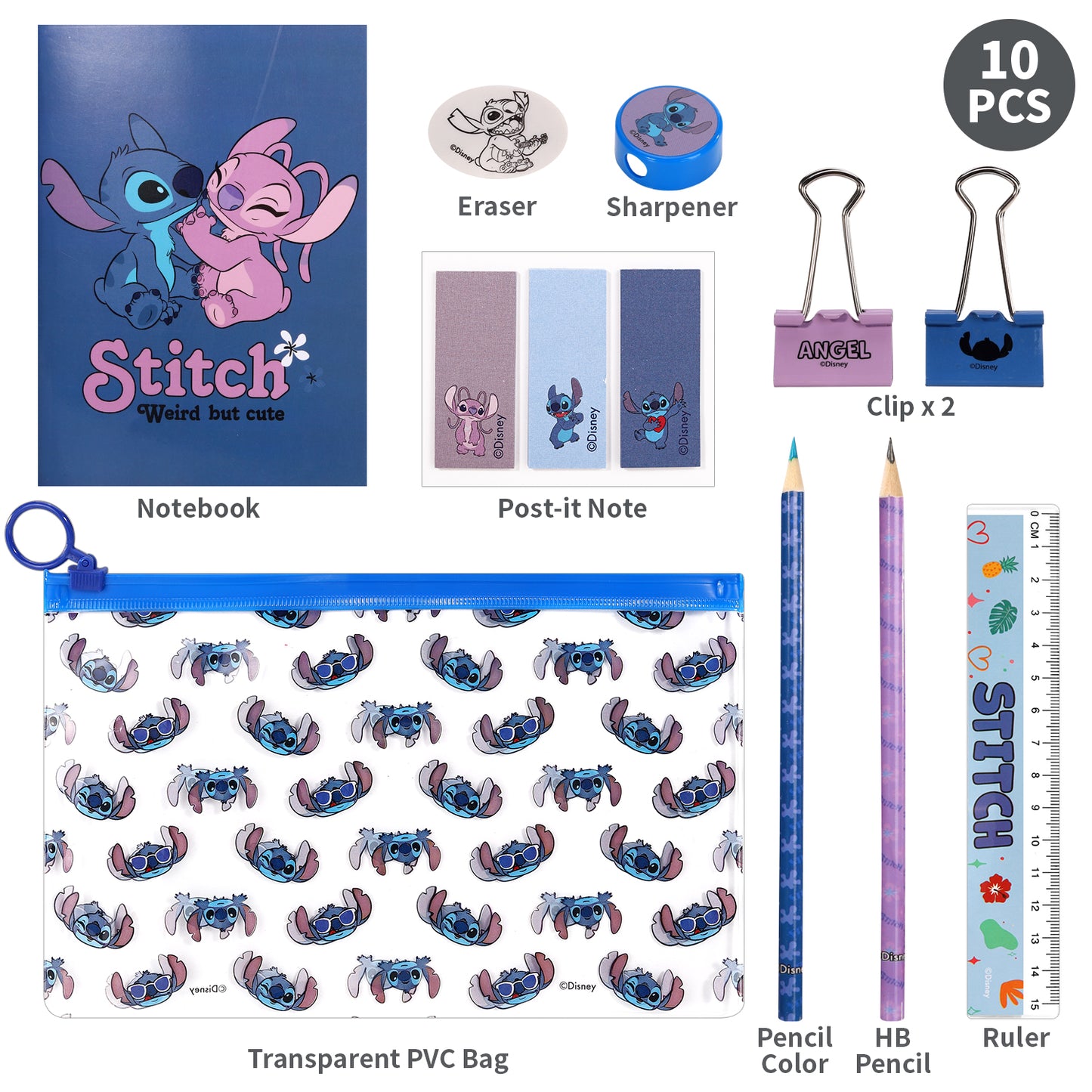 Stitch 9pcs Transparent Filled Pencil Case Stationery Set Waterproof Boys Girls Kids Children School Travel Exam