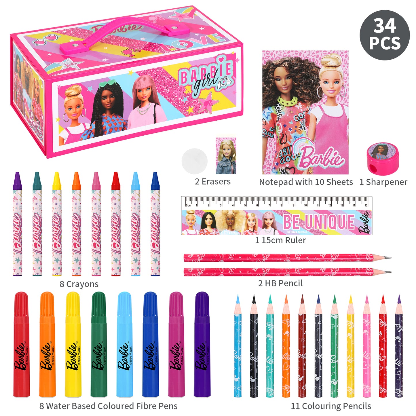 Barbie Kids 34pc Colouring Art Stationery Travel Set for Children