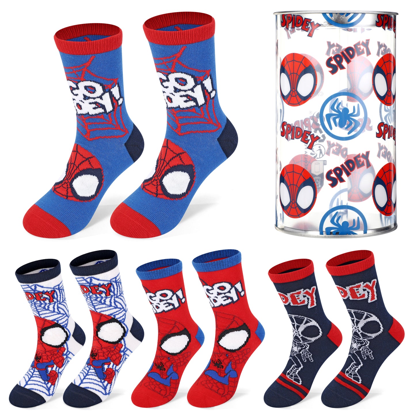 Spidey 4 Pair Ankle Cotton Socks for Kids, Packed in Round Money Piggy Bank Plastic Cylinder
