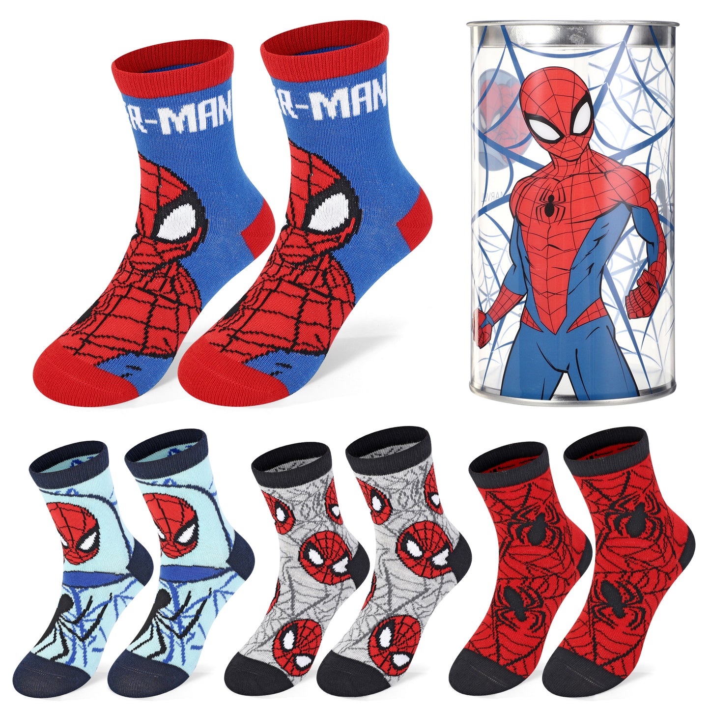 Spiderman 4 Pair Ankle Cotton Socks for Kids Packed in Round Piggy Bank Plastic Cylinder (UK, Age, 7-11 Years, Regular)