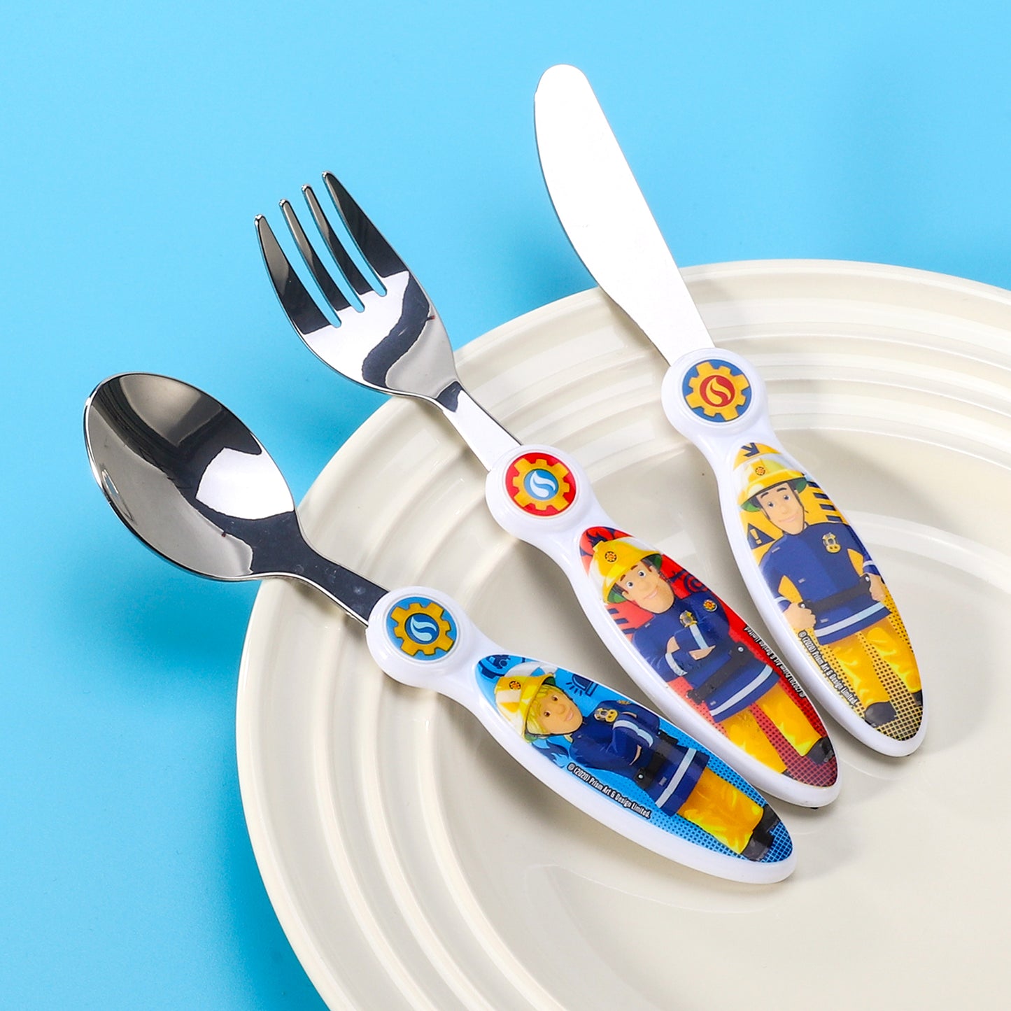 Fireman Sam Kids 6 Piece Reusable Dinner Set - Plate/Bowl/Cup/Knife/Fork/Spoon - Childrens Dinnerware Tableware Cutlery Set