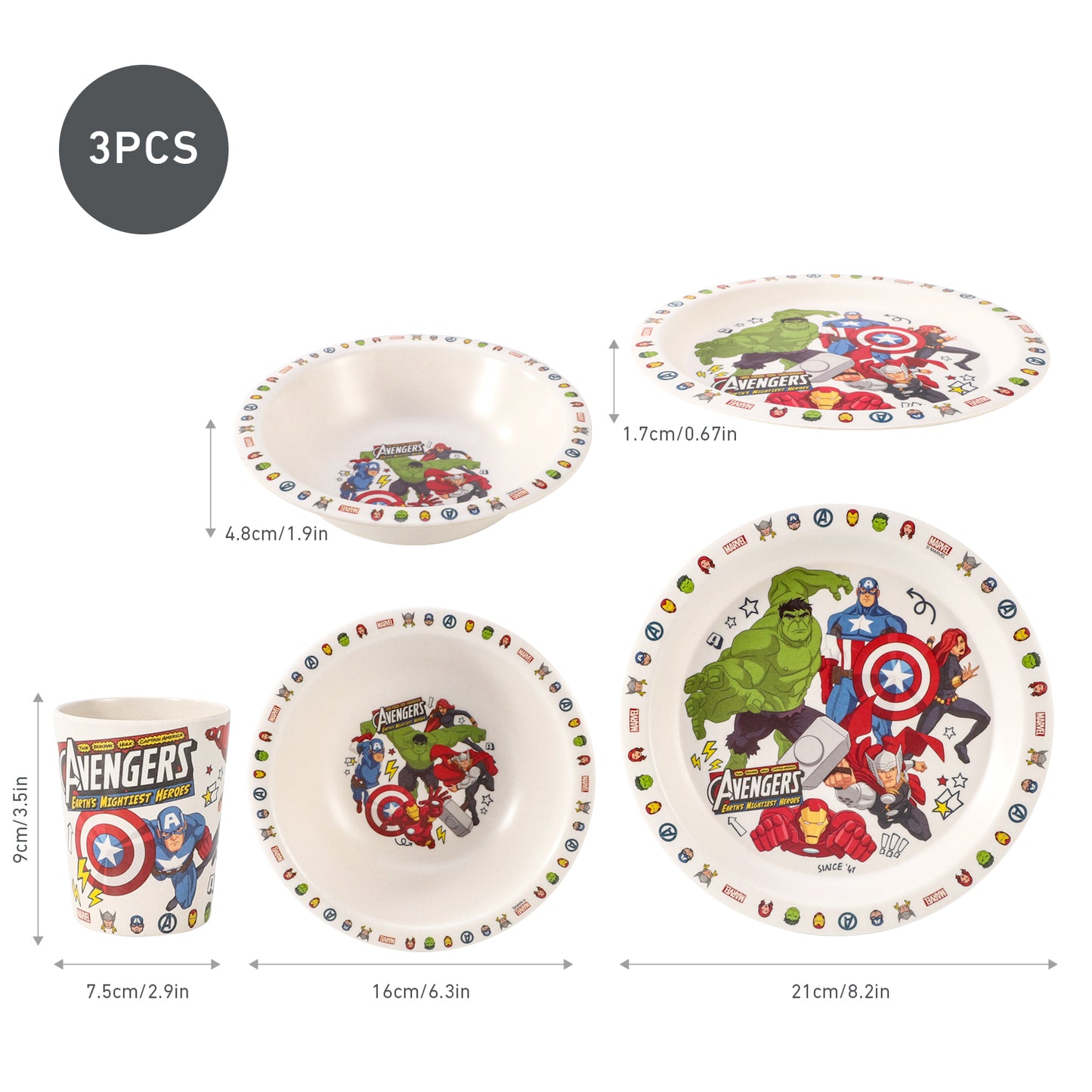 Avengers 3Pcs Wooden Kids - Plate, Bowl and Tumbler Lunch Dinner Set