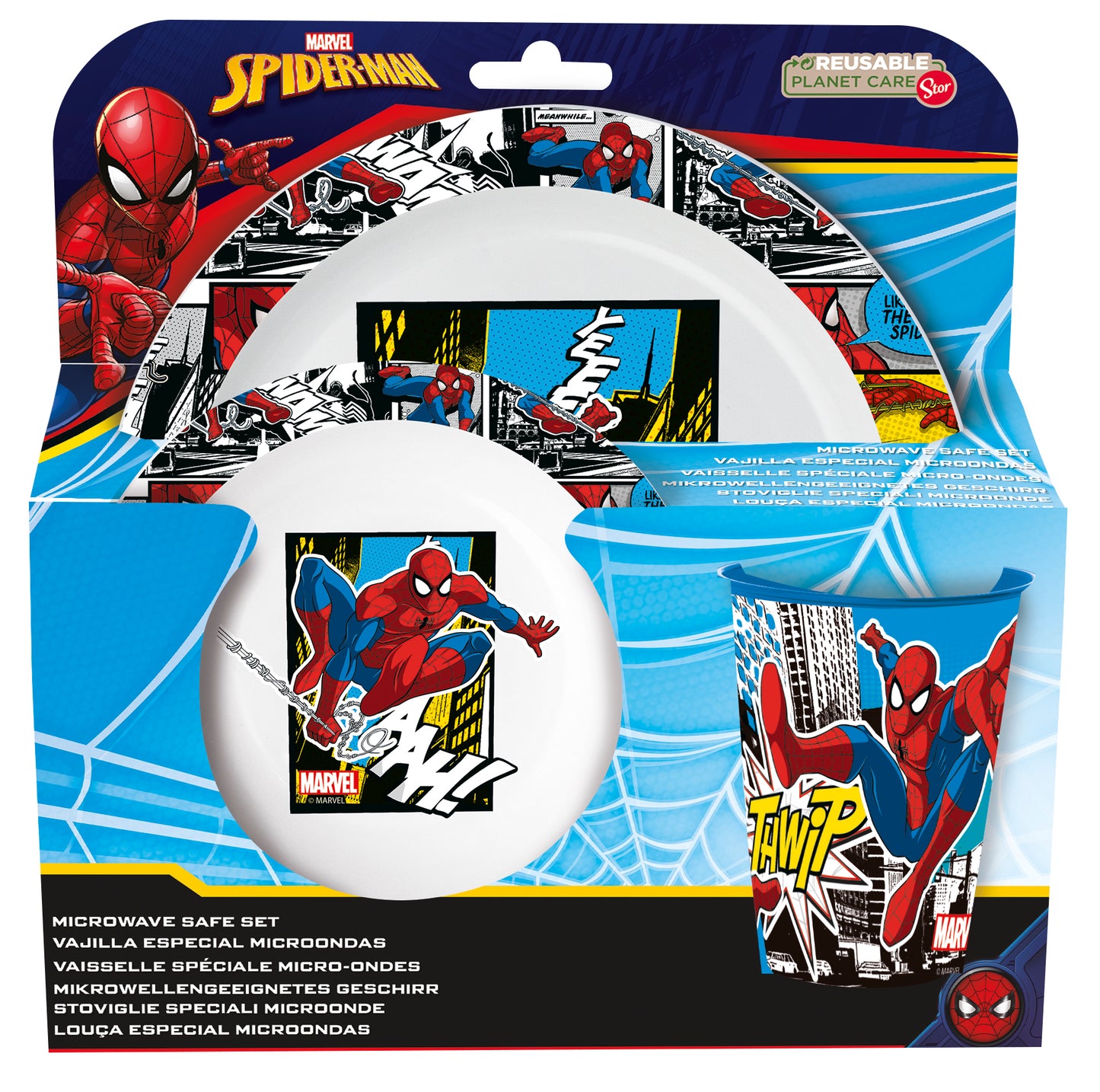 Spiderman 3pcs Kids Childrens Micro Dinner Lunch Tableware Set Plate, Bowl & Cup, BPA Free