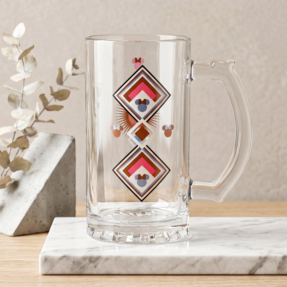 Disney Minnie Mouse 500ml Glass Beer Mug, 16.9oz Retro Geometric Tankard Stein with Handle, Officially Licensed Glassware