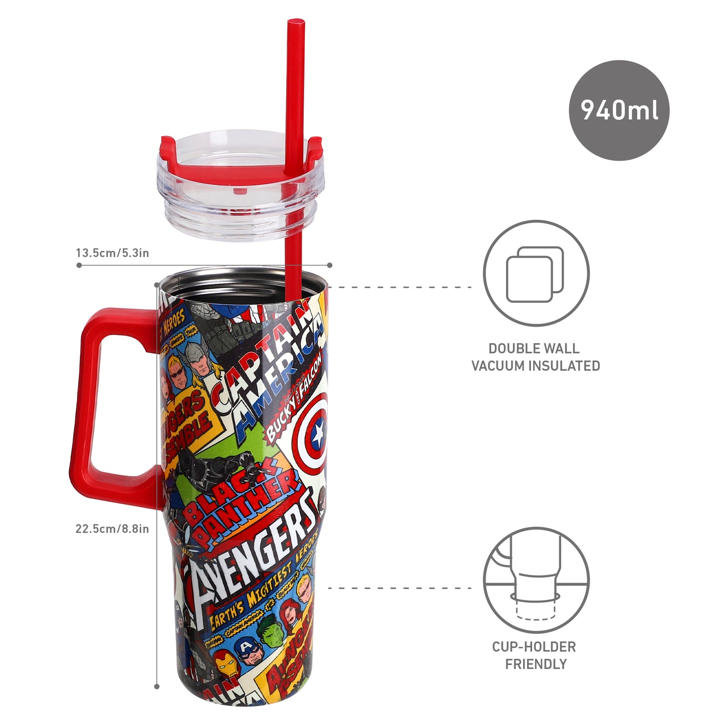 Avengers 940mL/33oz Double Walled Vacuum Insulated Stainless Steel Tumbler Cup with Handle and Straw