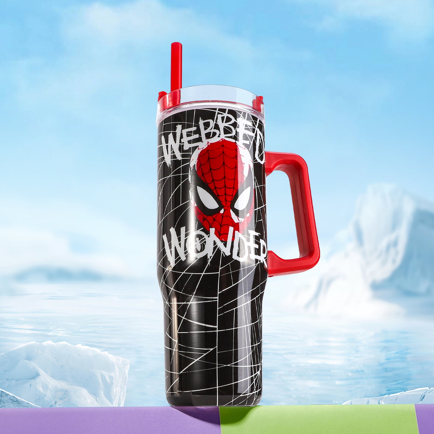 Spiderman 940mL/33oz Double Walled Vacuum Insulated Stainless Steel Tumbler Cup with Handle and Straw