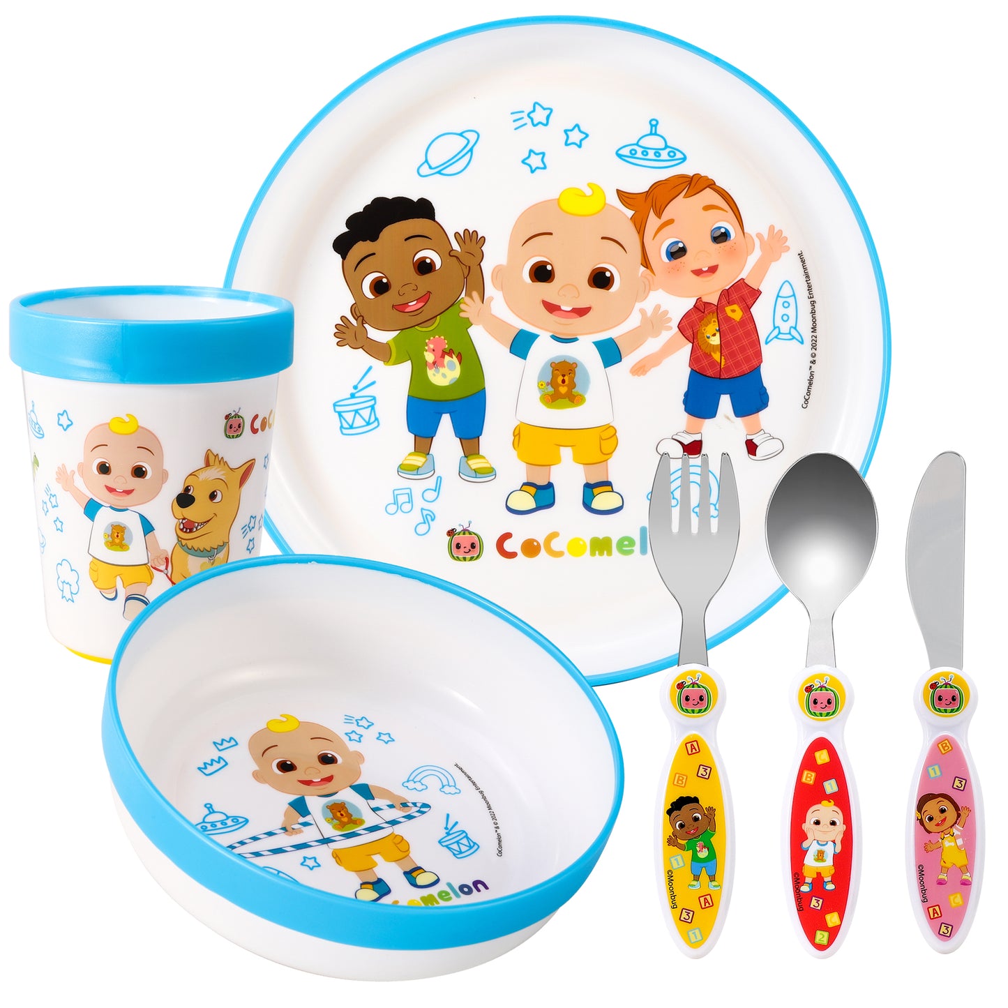 Cocomelon Kids 6 Piece Reusable Dinner Set - Plate/Bowl/Cup/Knife/Fork/Spoon - Childrens Dinnerware Tableware Cutlery Set
