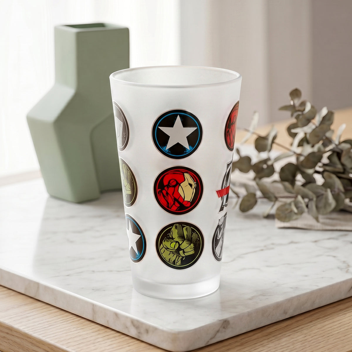 Marvel Avengers 480ml Frosted Glass Tumbler, 16.9oz Drinking Glass Cup with Iron Man, Hulk & Captain America Icons, Officially Licensed Kids Adults Glassware, Thick Base