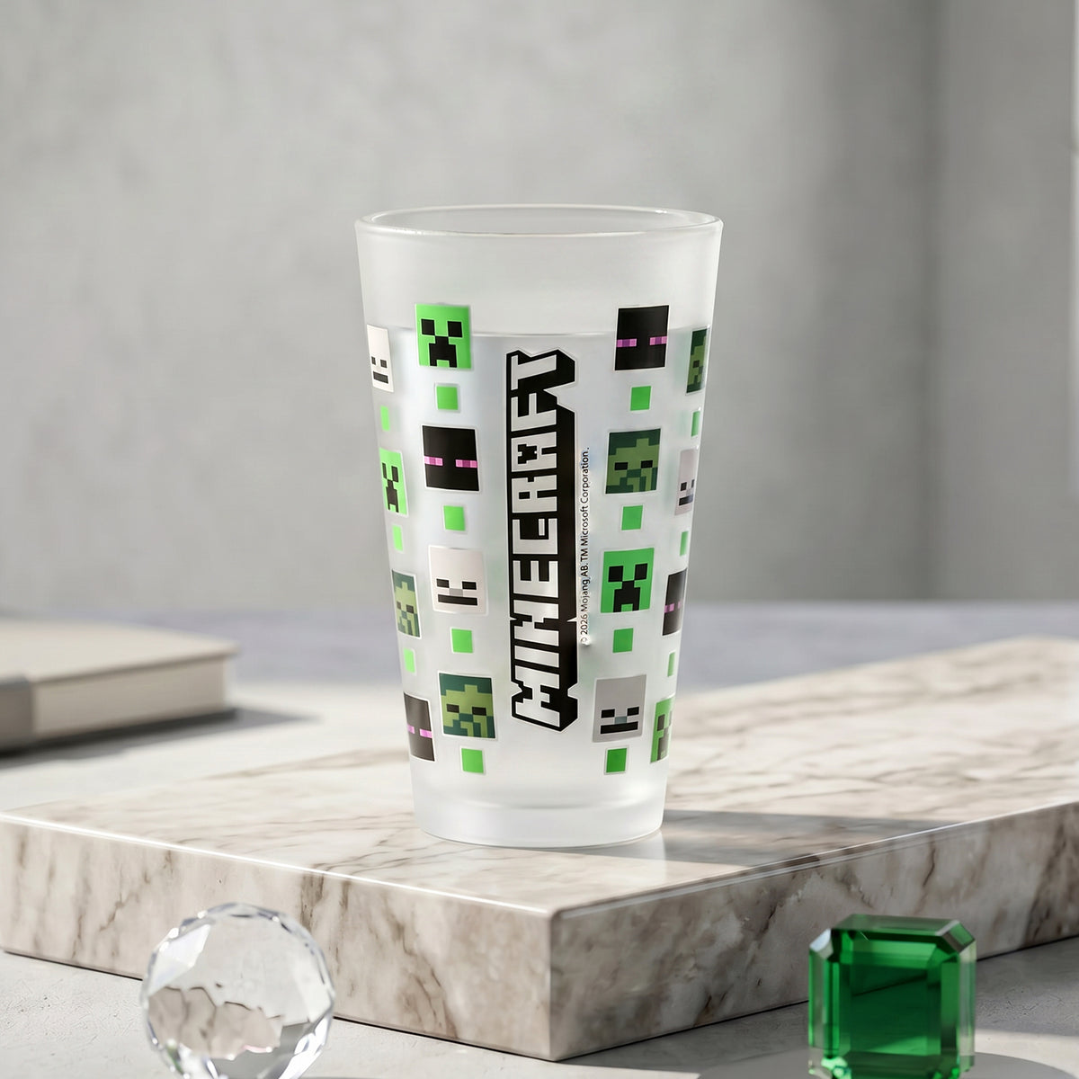 Minecraft 480ml Frosted Glass Tumbler, 16.9oz Drinking Glass Cup with Creeper, Enderman & Skeleton Mobs, Officially Licensed Kids Glassware, Thick Base