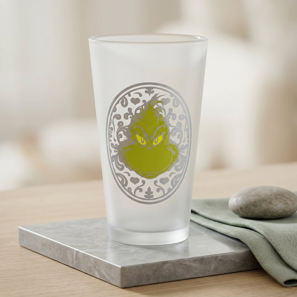 The Grinch 480ml Frosted Glass Tumbler, 16.9oz Mister Grinch Drinking Glass Cup, Officially Licensed Christmas Glassware, Thick Base