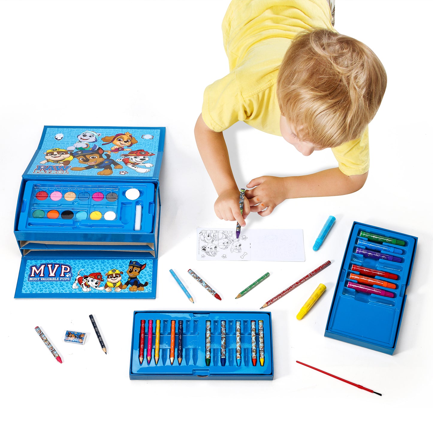 Paw Patrol Boy 52pc Kids Colouring Sets with Watercolour Felt Tip Pens Crayons and Pencils Travel Set for Children
