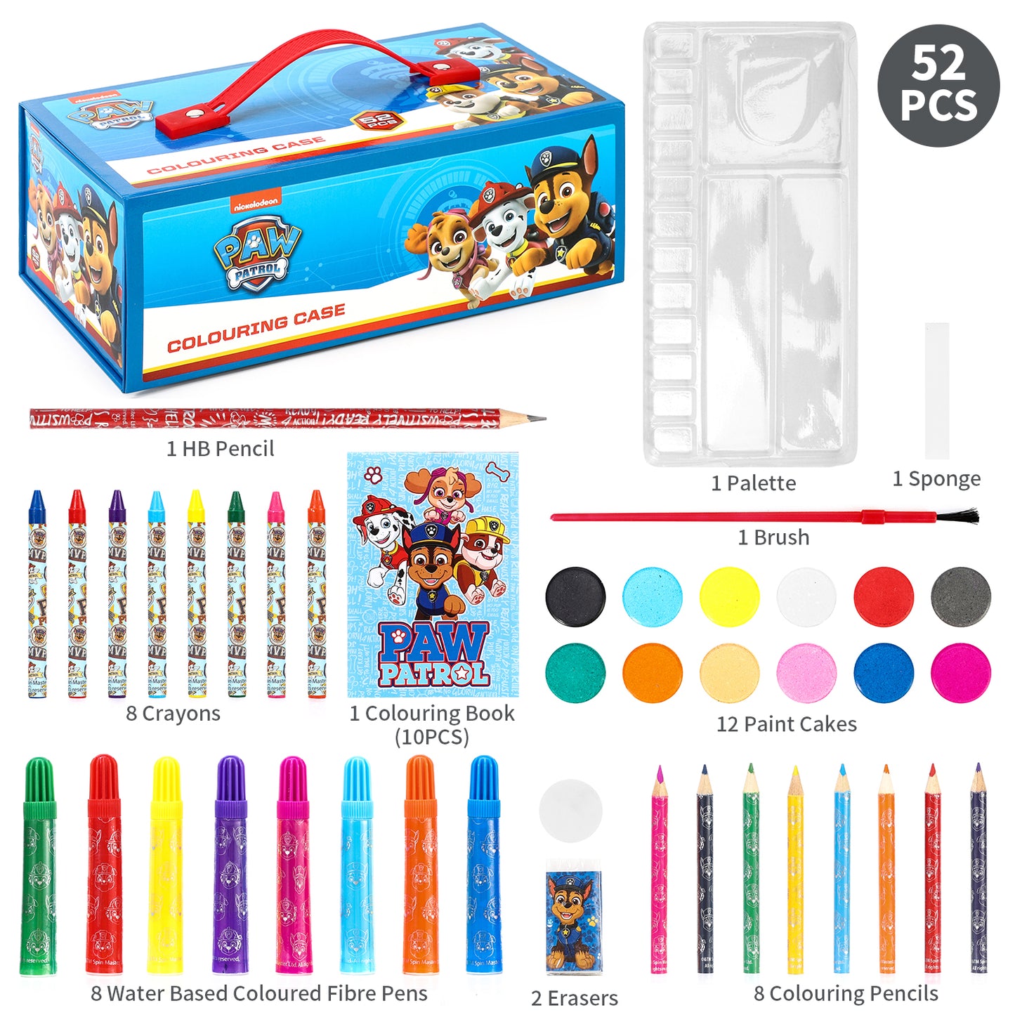 Paw Patrol Boy 52pc Kids Colouring Sets with Watercolour Felt Tip Pens Crayons and Pencils Travel Set for Children